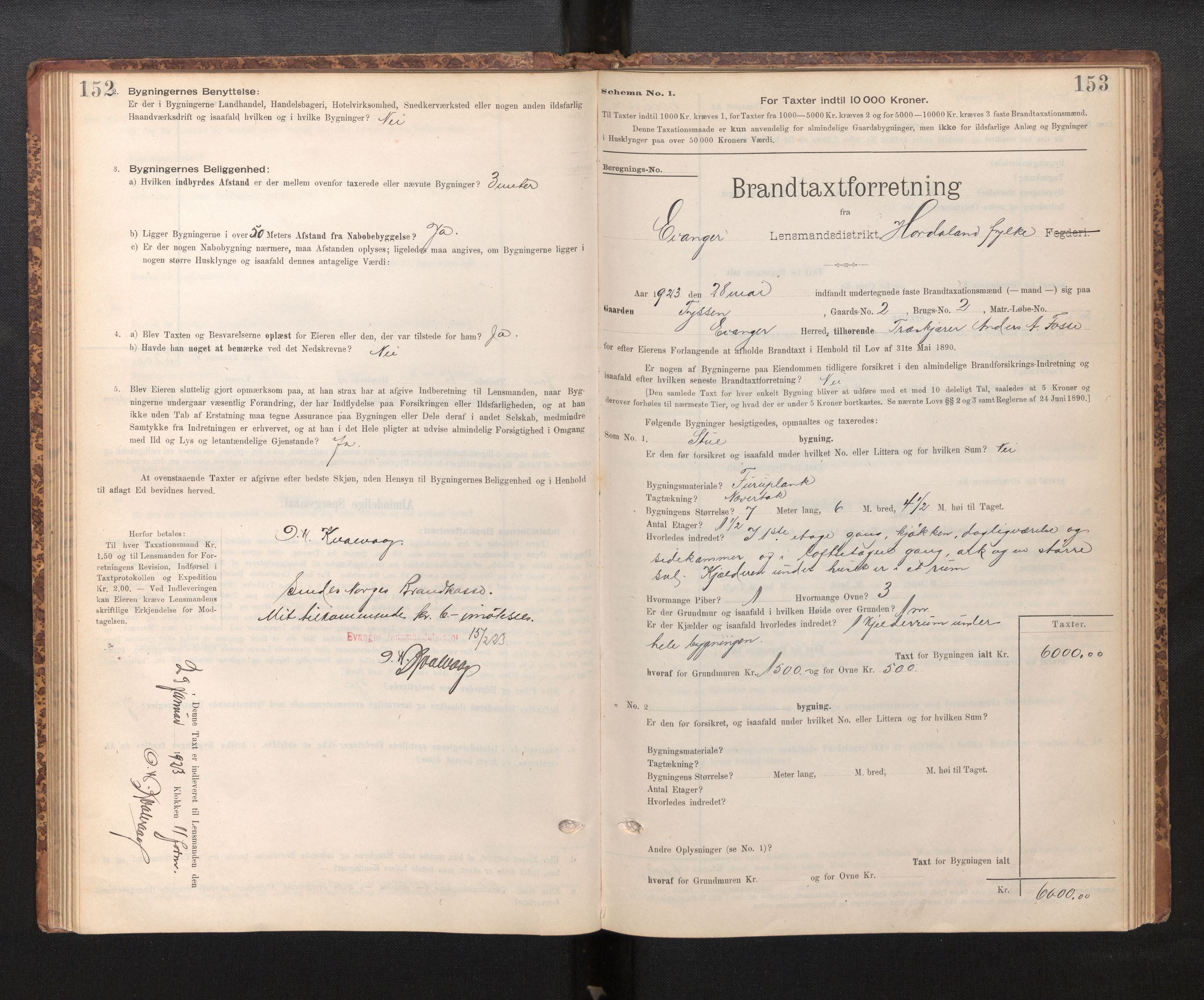 Lensmannen i Evanger, AV/SAB-A-31701/0012/L0005: Branntakstprotokoll, skjematakst, 1895-1935, s. 152-153