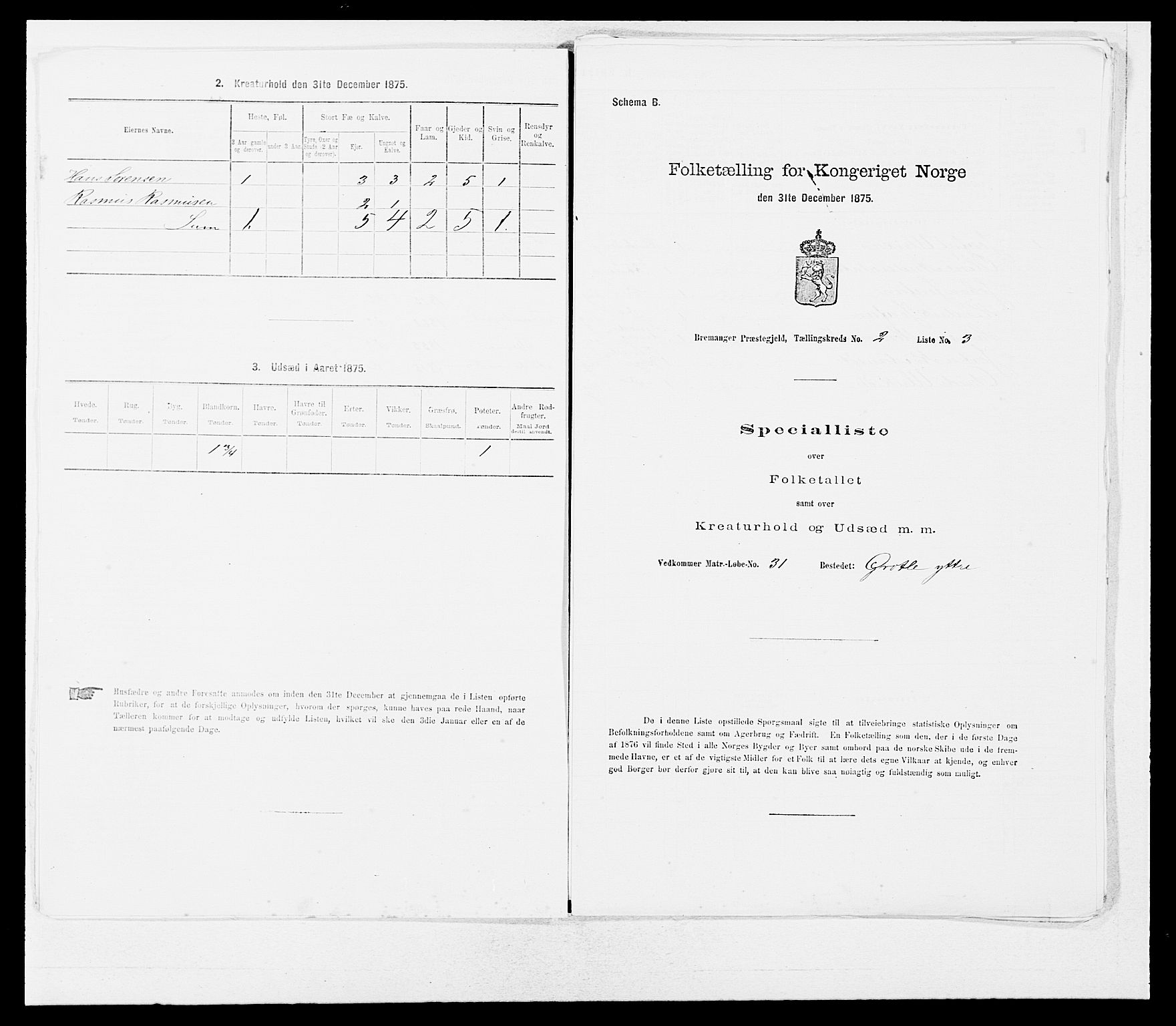 SAB, Folketelling 1875 for 1438P Bremanger prestegjeld, 1875, s. 179