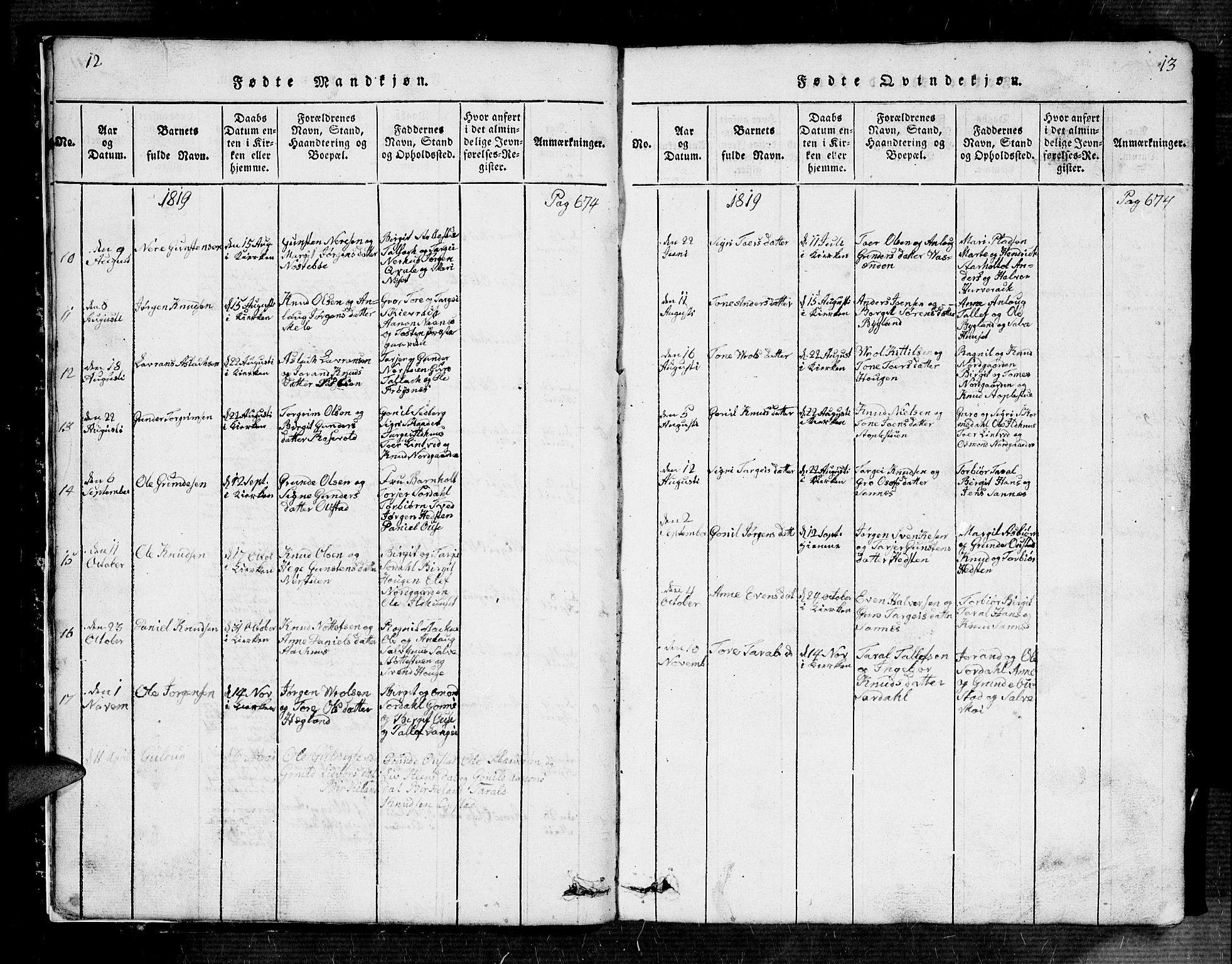 Bygland sokneprestkontor, AV/SAK-1111-0006/F/Fb/Fbb/L0001: Klokkerbok nr. B 1, 1816-1843, s. 12-13