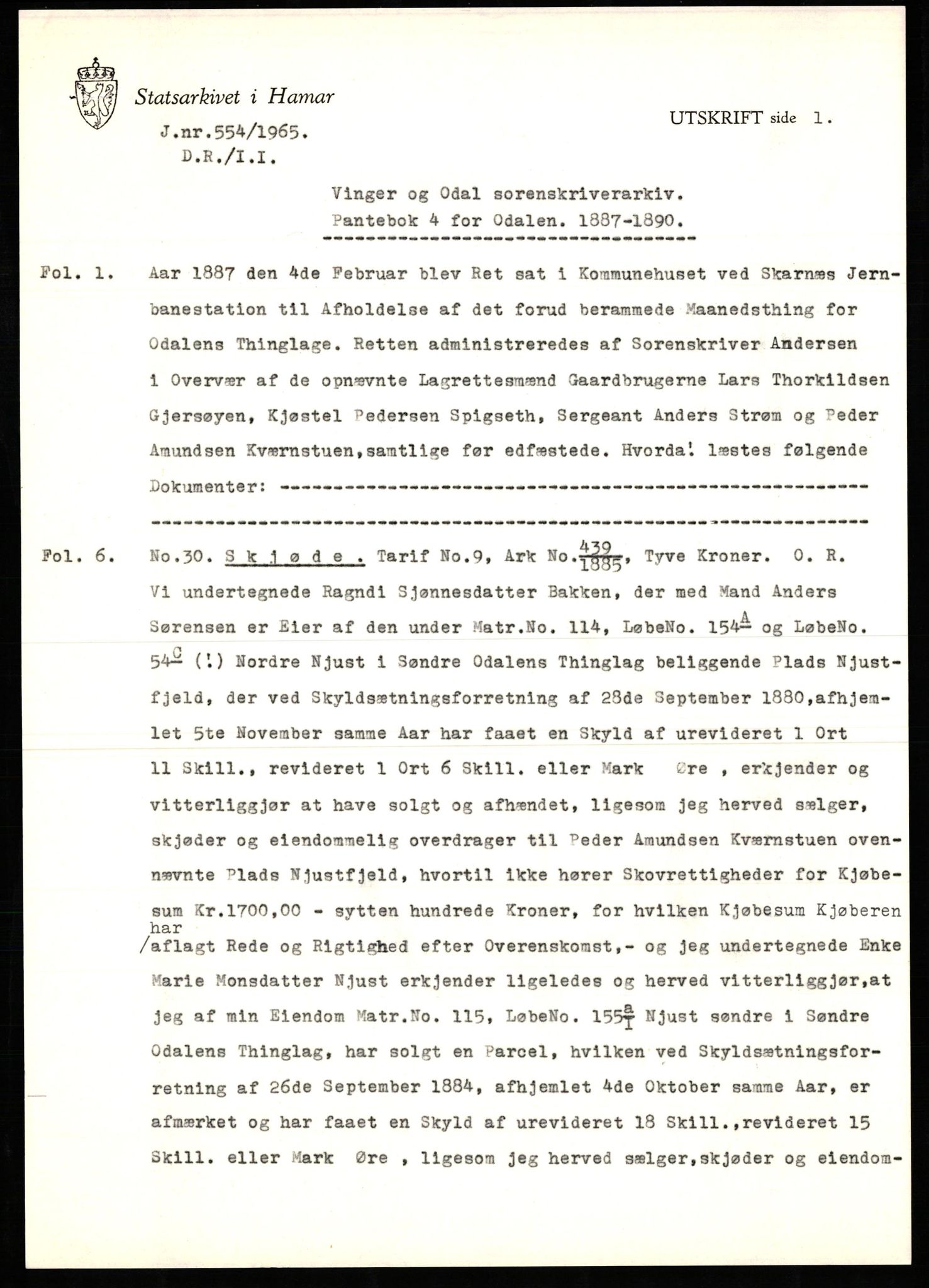 Avskriftssamlingen ved Statsarkivet i Hamar, SAH/AVSKRIFT-001/H/Hu/Hua/Huab/L0004: Pantebok for Odal, 1887-1890