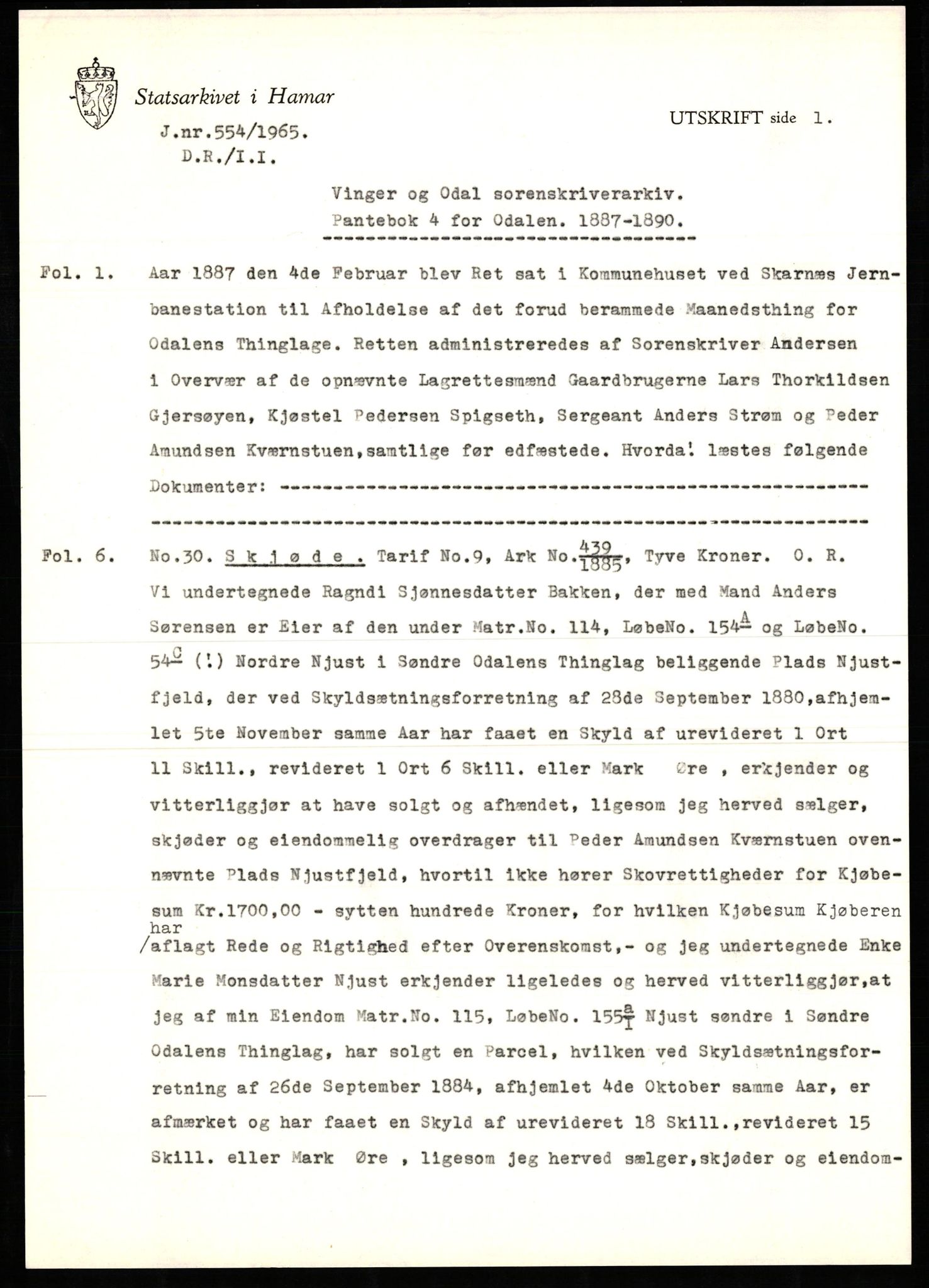 Avskriftssamlingen ved Statsarkivet i Hamar, AV/SAH-AVSKRIFT-001/H/Hu/Hua/Huab/L0004: Pantebok for Odal, 1887-1890