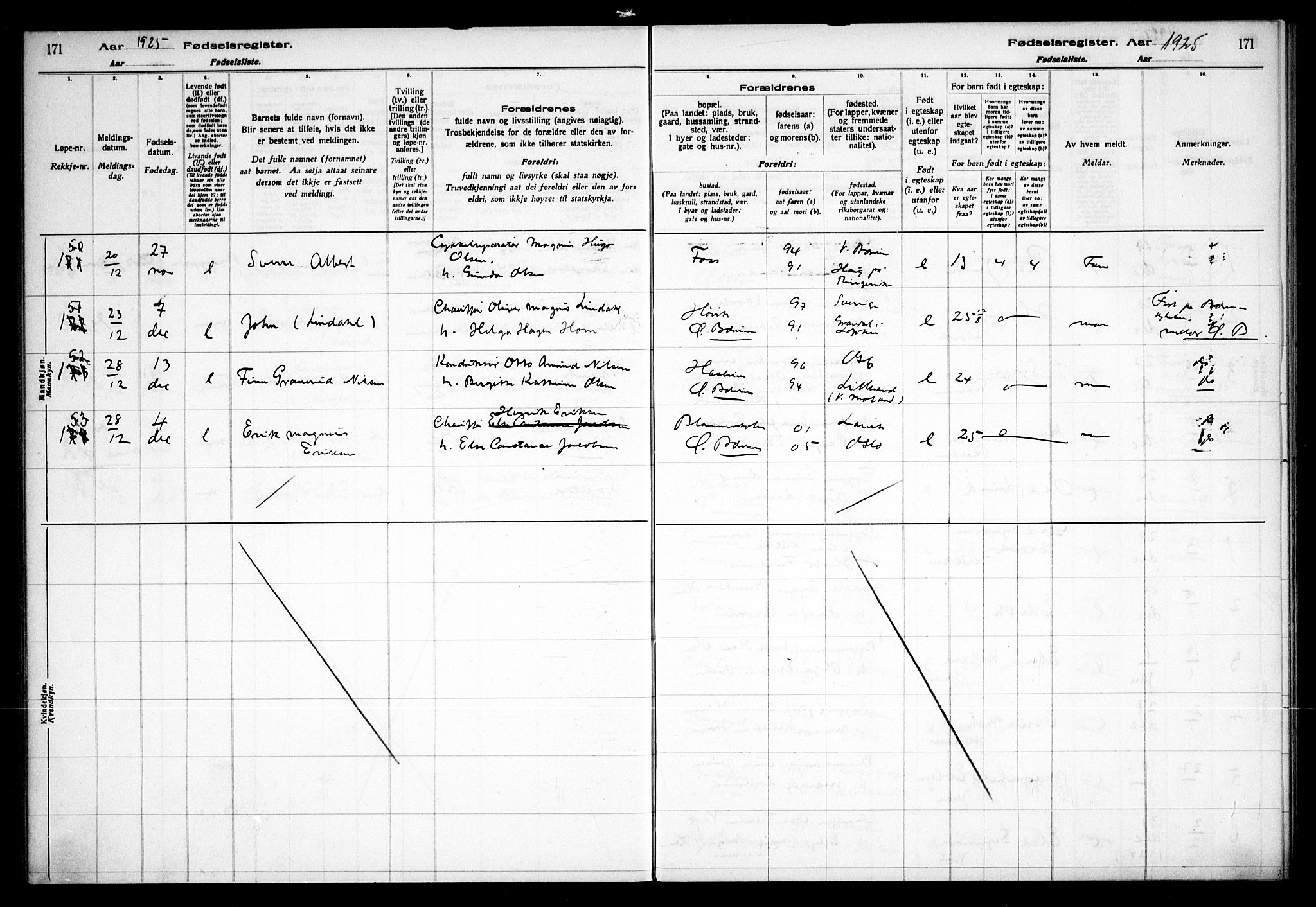 Vestre Bærum prestekontor Kirkebøker, AV/SAO-A-10209a/J/L0001: Fødselsregister nr. 1, 1916-1926, s. 171