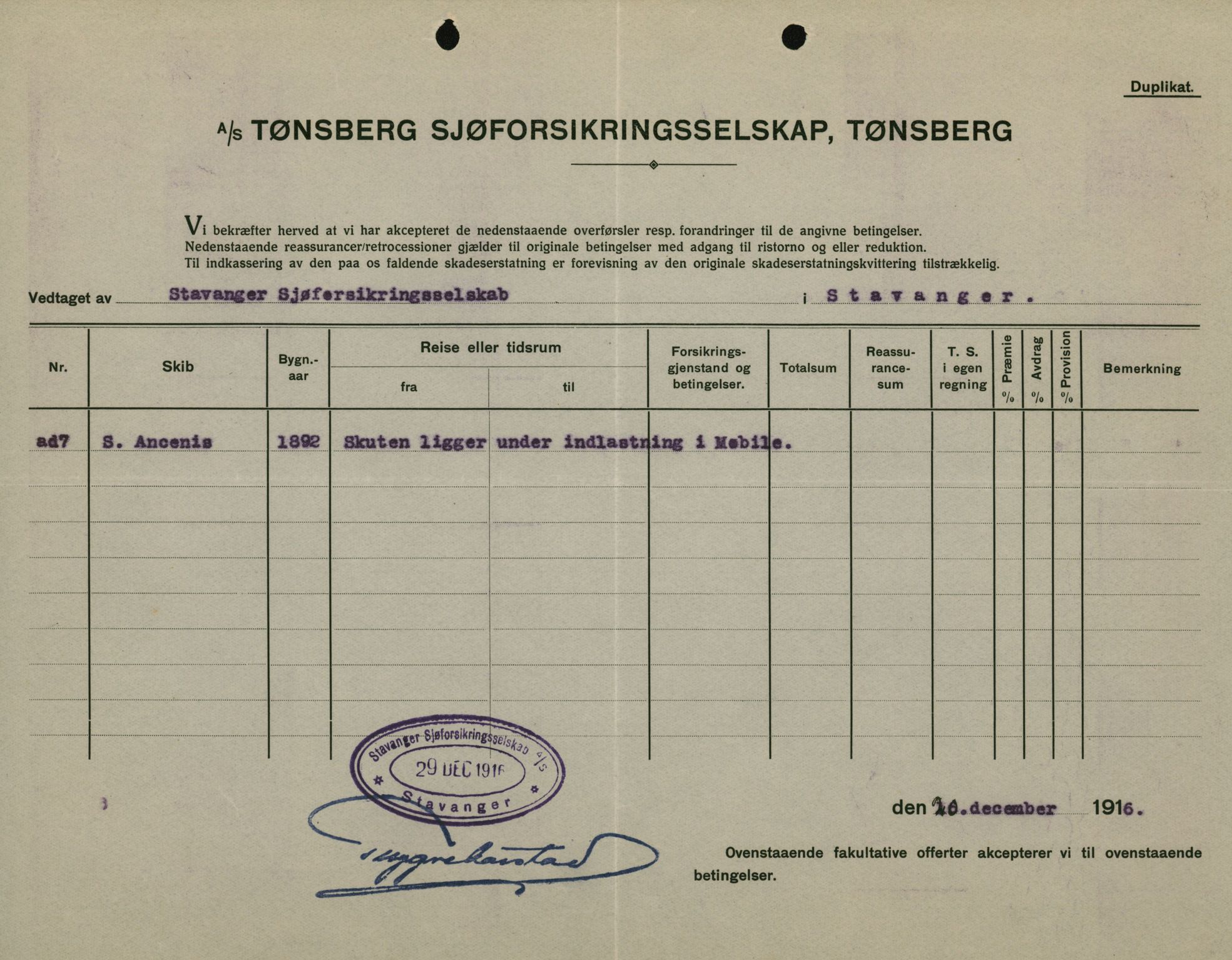 Pa 664 - Tønsberg Sjøforsikringsselskap, VEMU/A-1773/F/L0001: Forsikringspoliser, 1915-1918