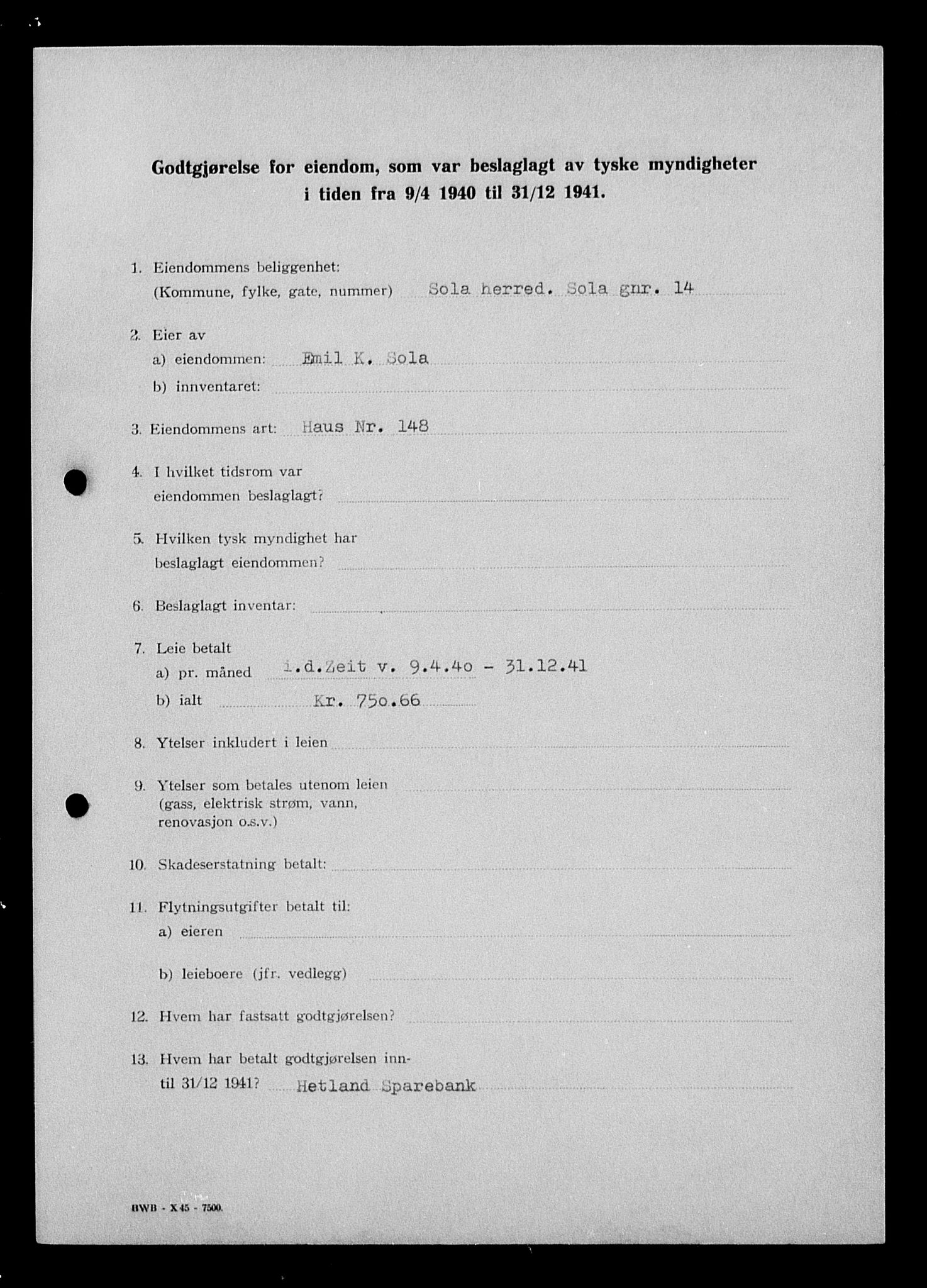 Justisdepartementet, Tilbakeføringskontoret for inndratte formuer, AV/RA-S-1564/I/L1015: Godtgjørelse for beslaglagt eiendom, 1940-1941, s. 212