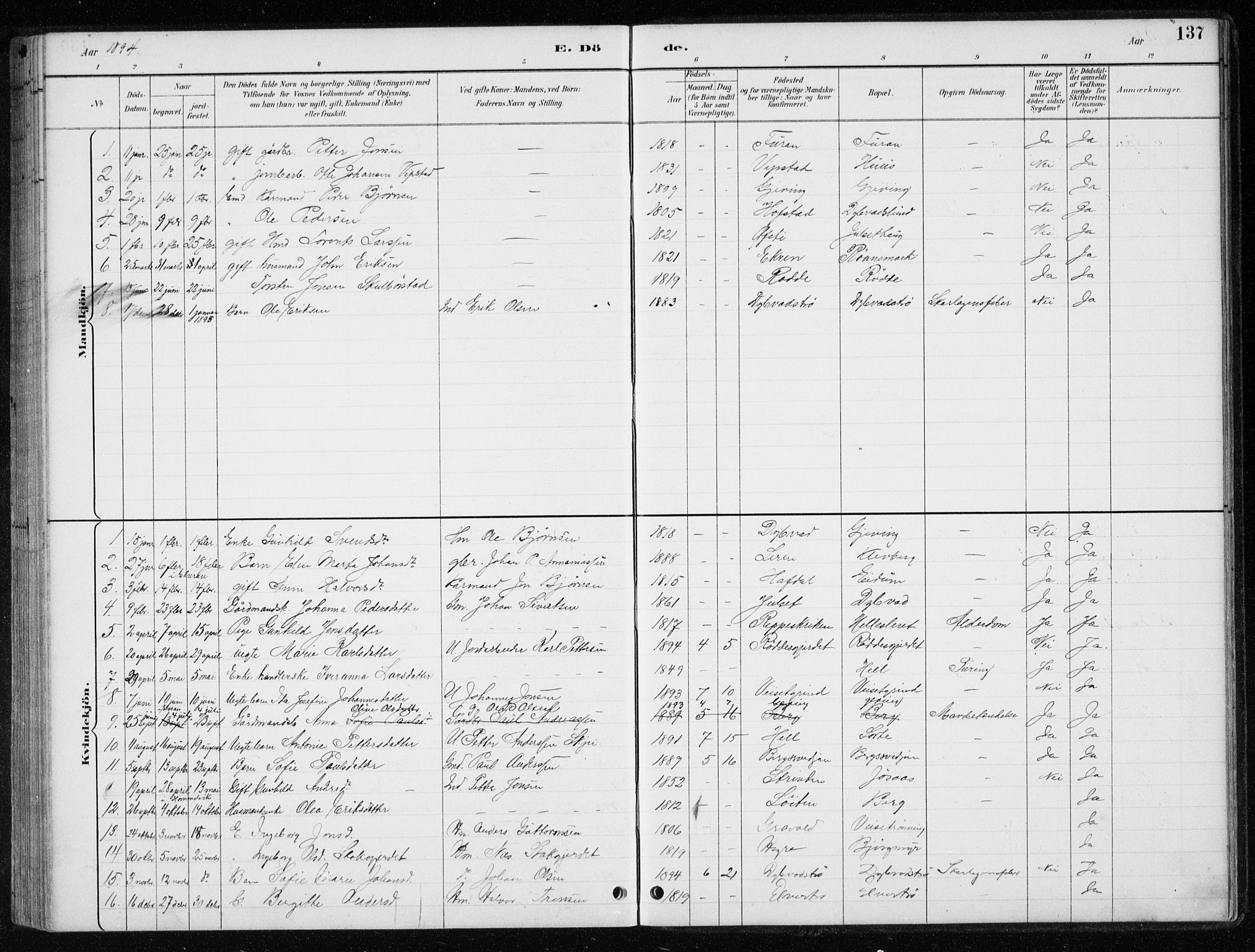 Ministerialprotokoller, klokkerbøker og fødselsregistre - Nord-Trøndelag, AV/SAT-A-1458/710/L0096: Klokkerbok nr. 710C01, 1892-1925, s. 137