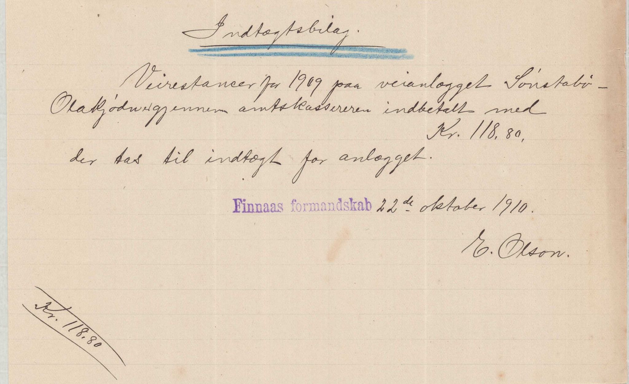 Finnaas kommune. Formannskapet, IKAH/1218a-021/E/Ea/L0001/0006: Rekneskap for veganlegg / Rekneskap for veganlegget Sønstabø - Olakjødn, 1909-1914, s. 20