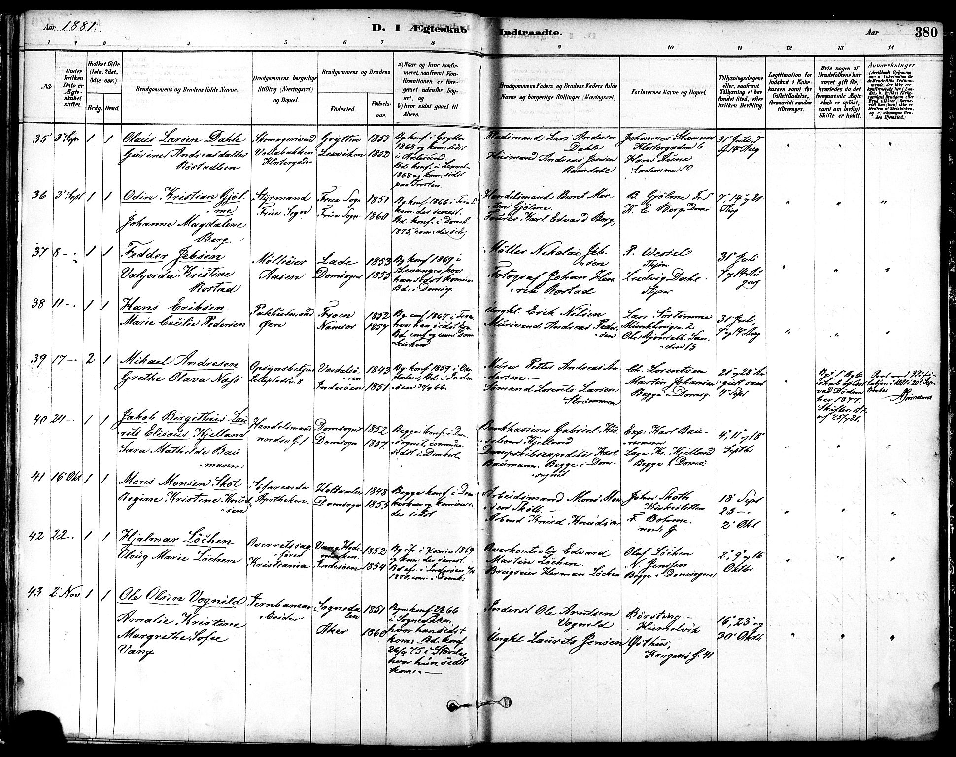 Ministerialprotokoller, klokkerbøker og fødselsregistre - Sør-Trøndelag, SAT/A-1456/601/L0058: Ministerialbok nr. 601A26, 1877-1891, s. 380