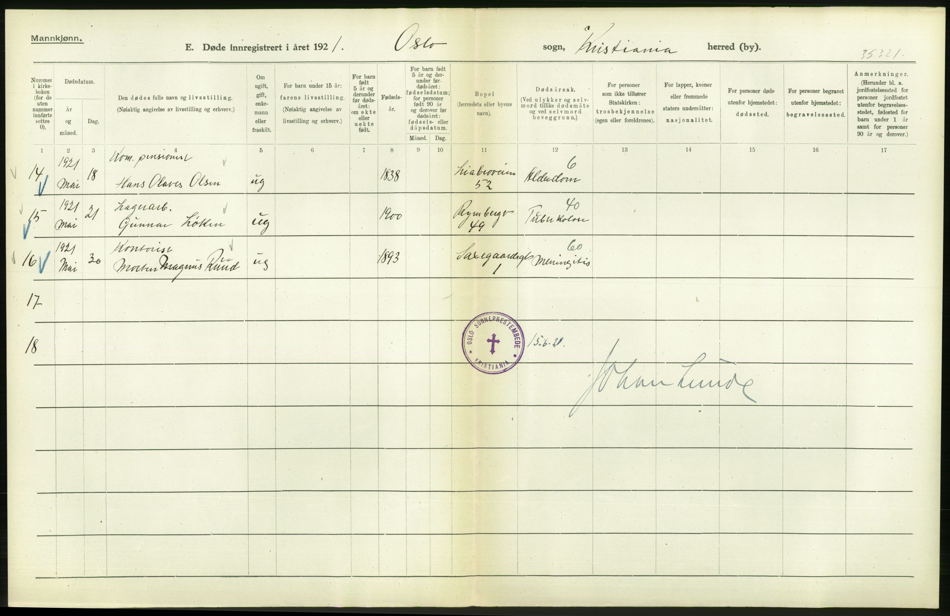 Statistisk sentralbyrå, Sosiodemografiske emner, Befolkning, AV/RA-S-2228/D/Df/Dfc/Dfca/L0013: Kristiania: Døde, dødfødte, 1921, s. 304