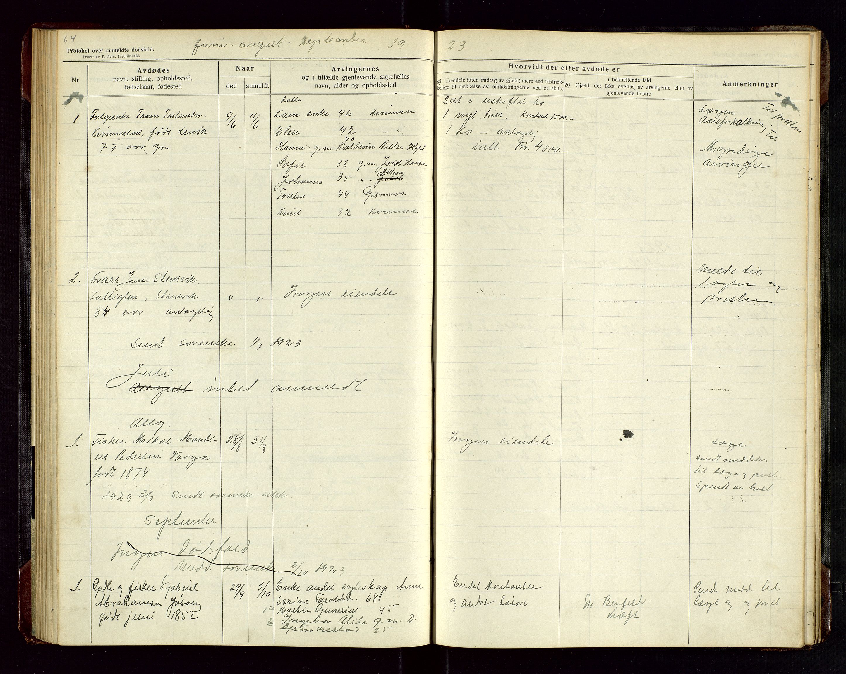 Tysvær lensmannskontor, AV/SAST-A-100192/Gga/L0003: "Protokol over anmeldte dødsfald i Tysvær" med register, 1916-1926, s. 64