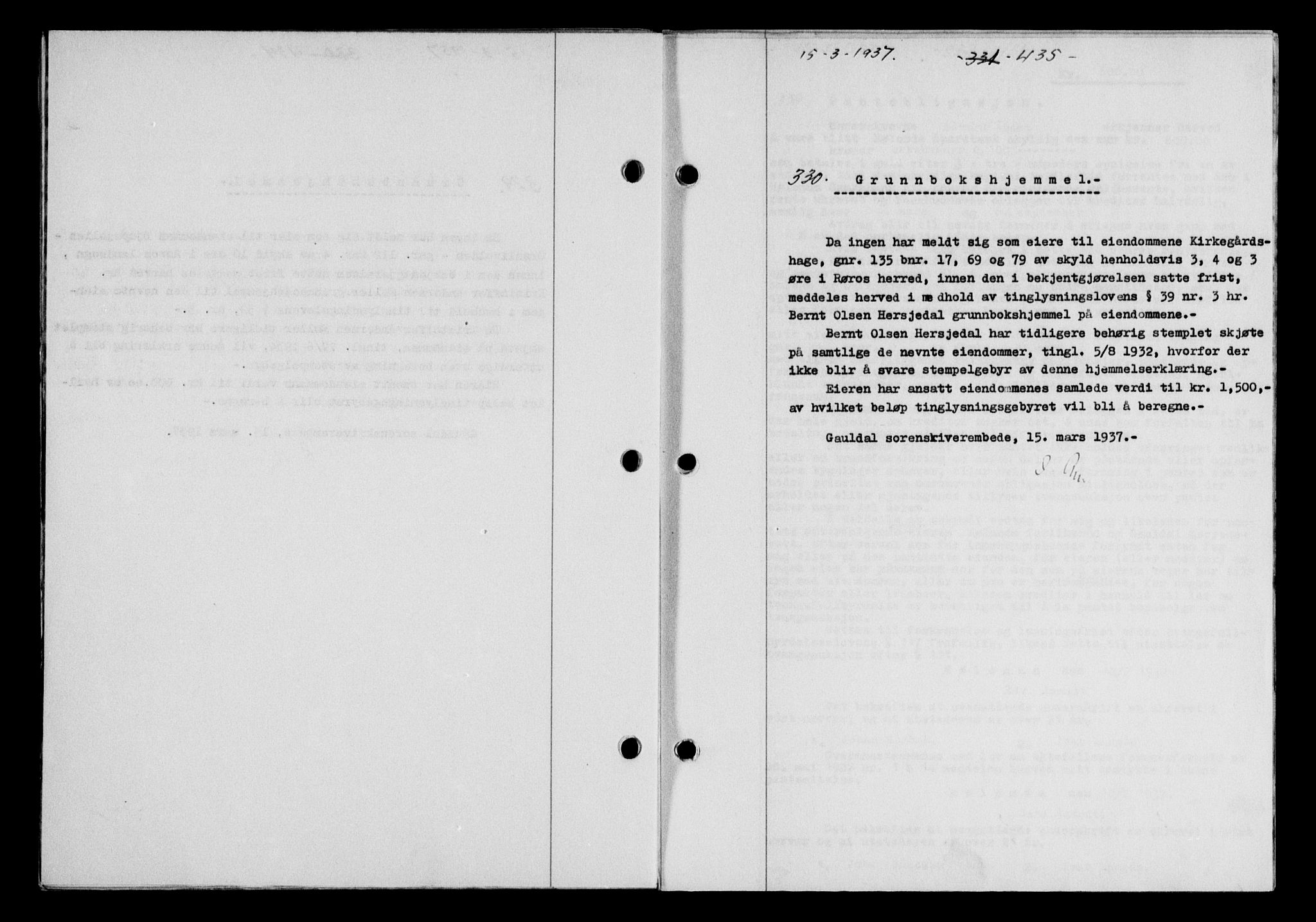 Gauldal sorenskriveri, SAT/A-0014/1/2/2C/L0047: Pantebok nr. 50-51, 1937-1937, Dagboknr: 330/1937