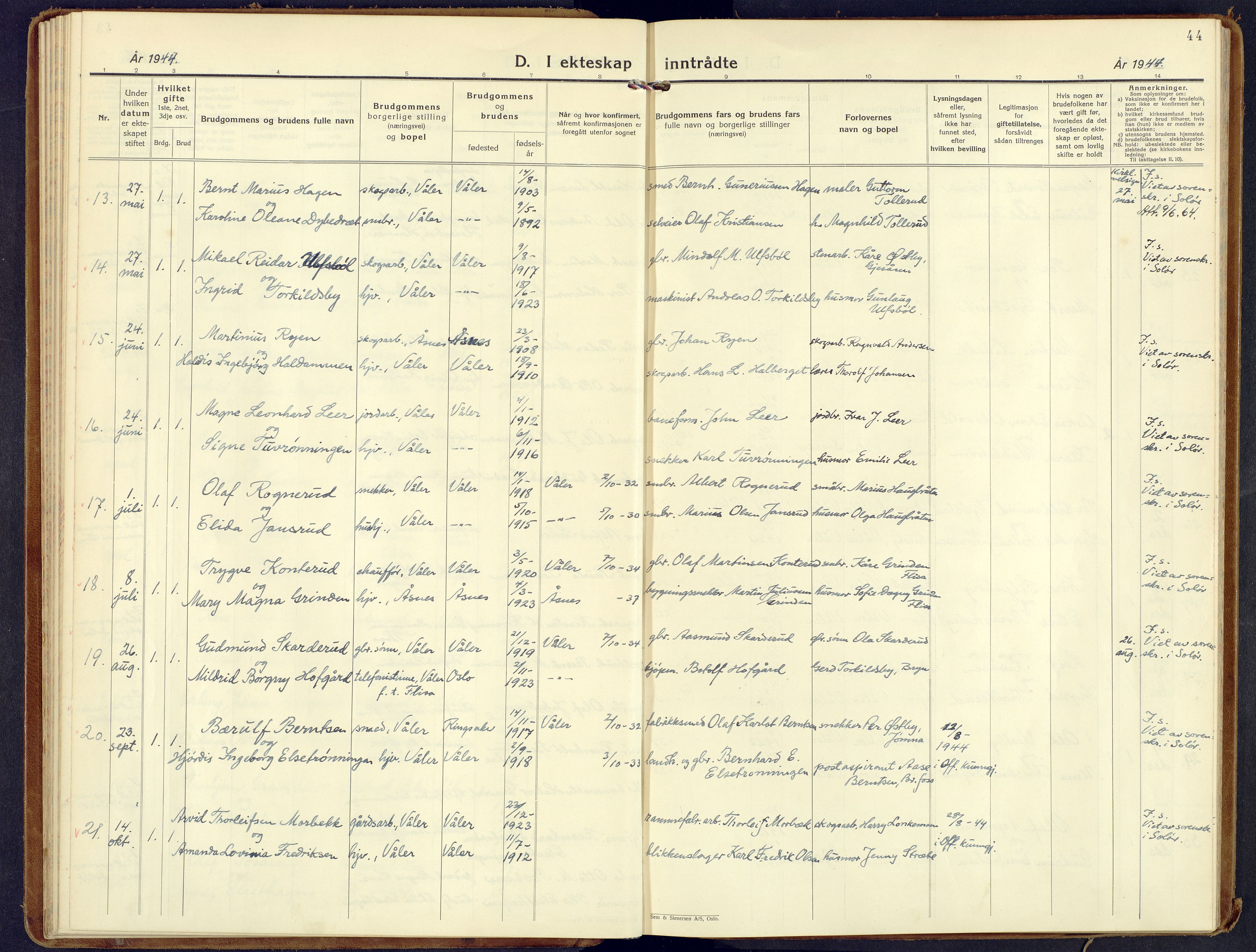 Våler prestekontor, Hedmark, AV/SAH-PREST-040/H/Ha/Haa/L0012: Ministerialbok nr. 12, 1933-1952, s. 44