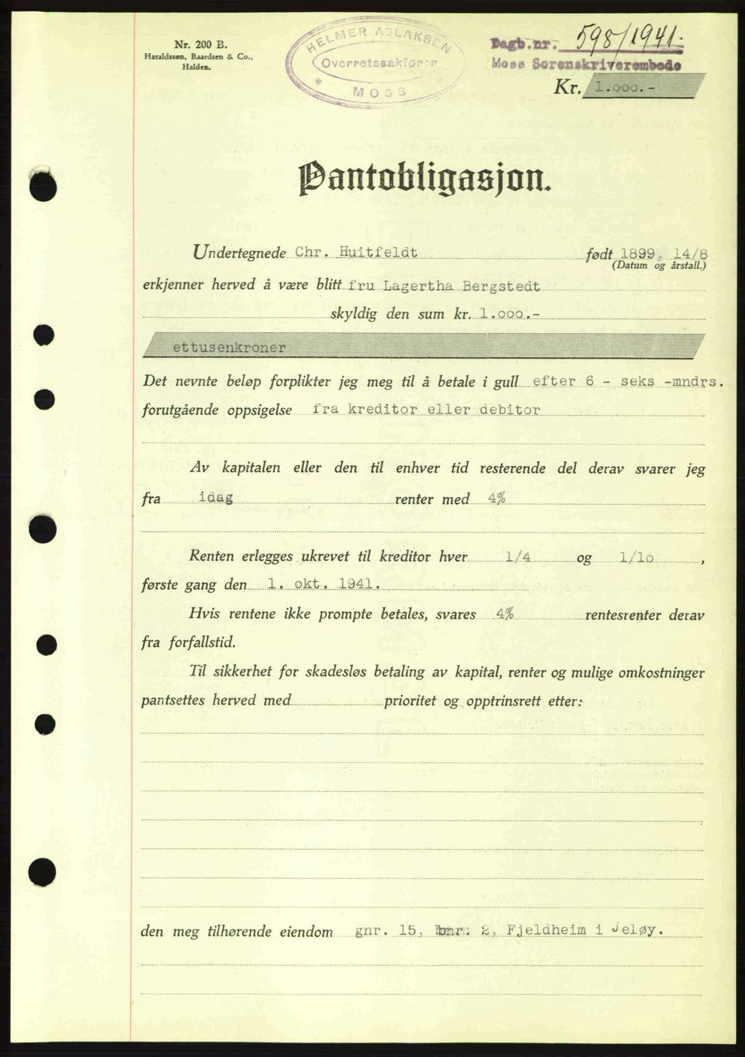 Moss sorenskriveri, SAO/A-10168: Pantebok nr. B10, 1940-1941, Dagboknr: 598/1941
