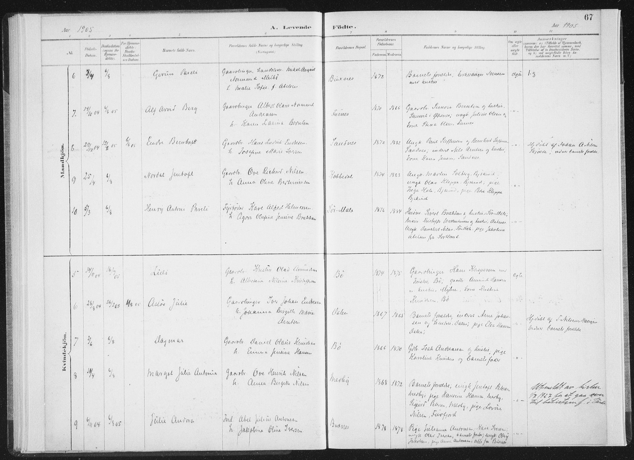 Ministerialprotokoller, klokkerbøker og fødselsregistre - Nordland, AV/SAT-A-1459/898/L1422: Ministerialbok nr. 898A02, 1887-1908, s. 67