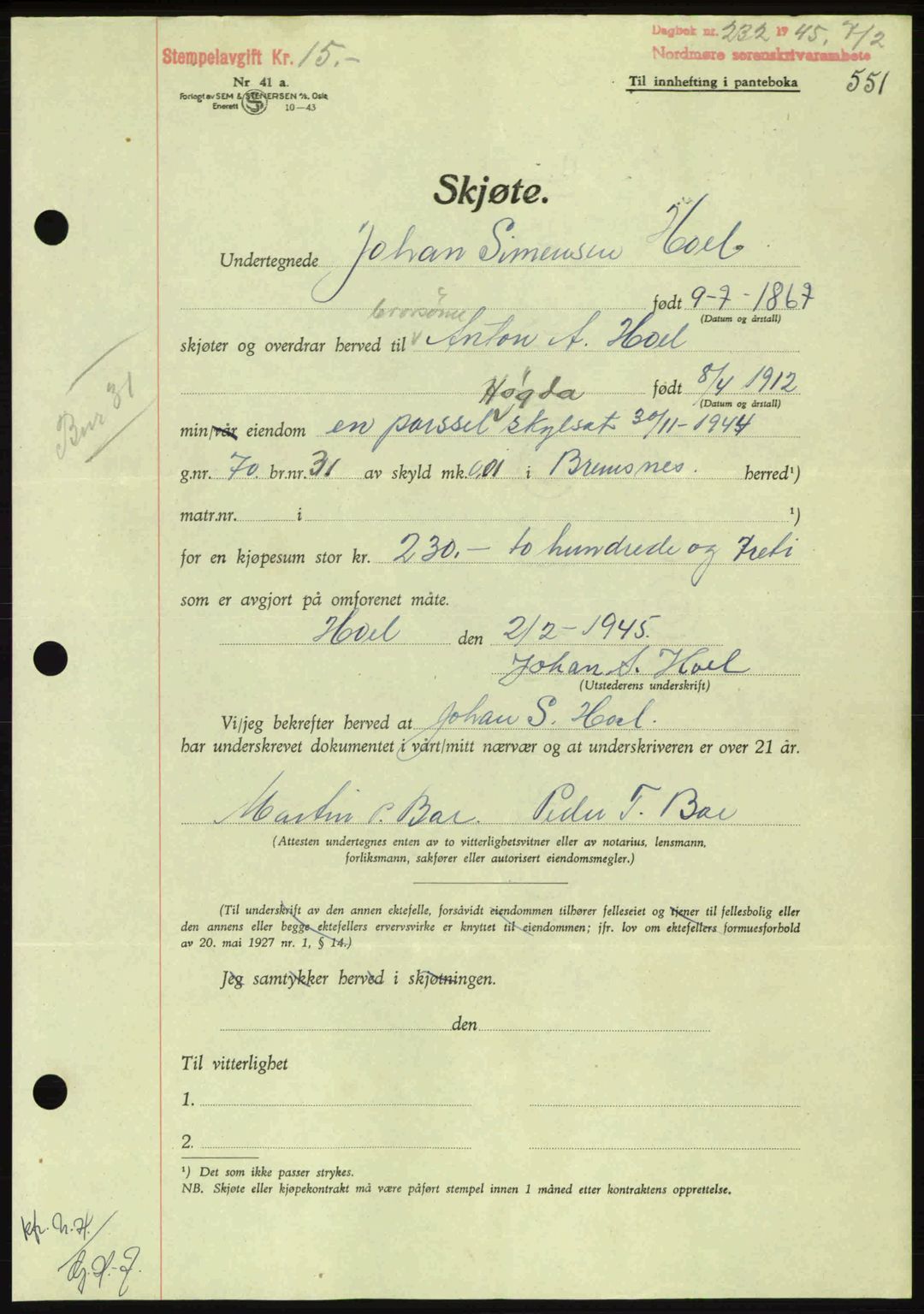 Nordmøre sorenskriveri, AV/SAT-A-4132/1/2/2Ca: Pantebok nr. B92, 1944-1945, Dagboknr: 232/1945