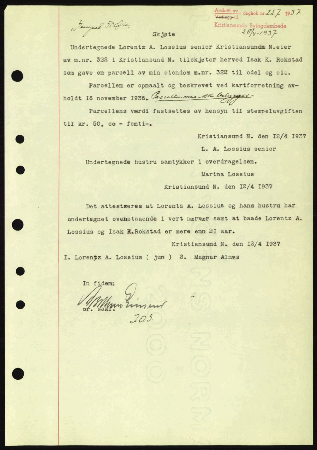 Kristiansund byfogd, AV/SAT-A-4587/A/27: Pantebok nr. 30, 1936-1941, Dagboknr: 227/1937