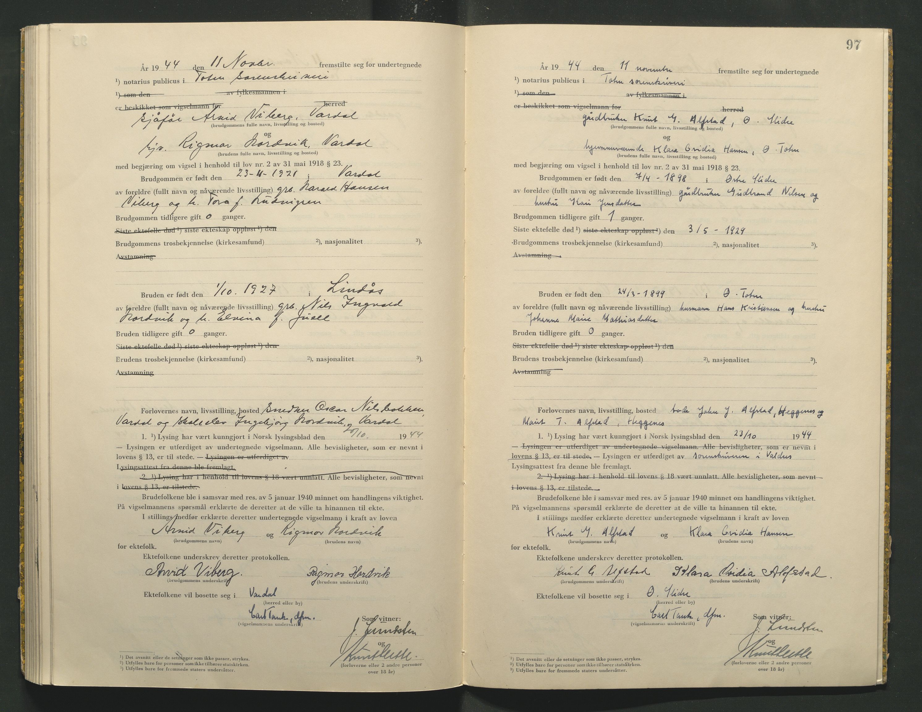 Toten tingrett, AV/SAH-TING-006/L/Lc/L0004: Vigselbok, 1944, s. 97