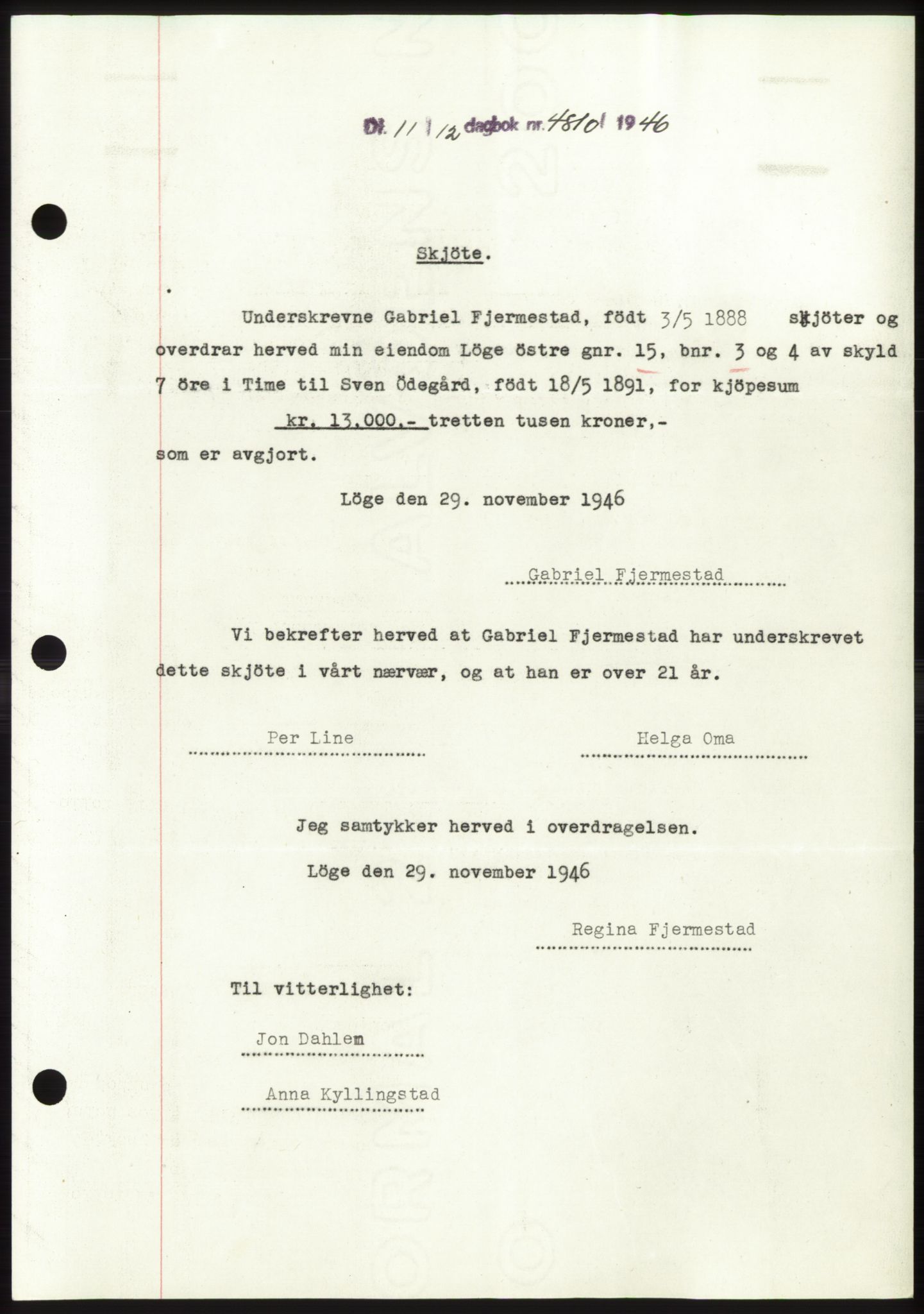 Jæren sorenskriveri, SAST/A-100310/03/G/Gba/L0092: Pantebok, 1946-1946, Dagboknr: 4810/1946