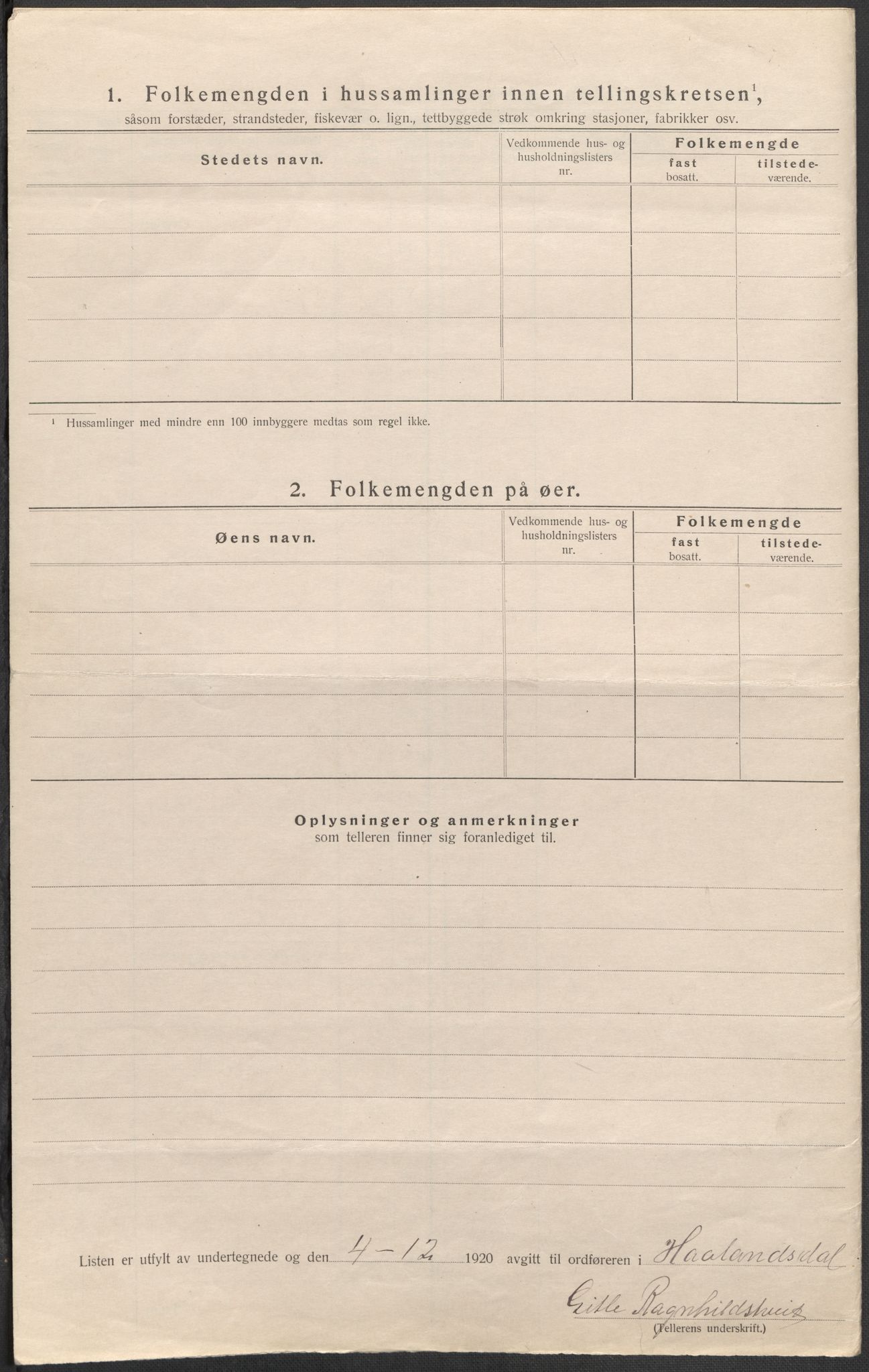 SAB, Folketelling 1920 for 1239 Hålandsdal herred, 1920, s. 7