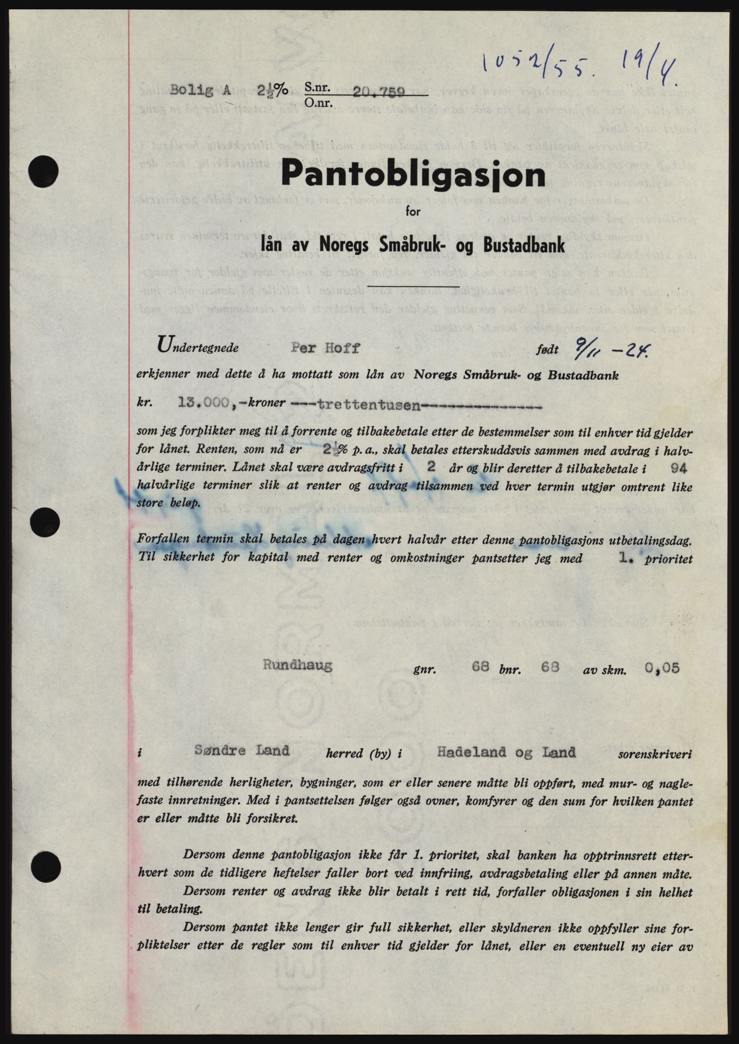 Hadeland og Land tingrett, SAH/TING-010/H/Hb/Hbc/L0032: Pantebok nr. B32, 1955-1955, Dagboknr: 1052/1955