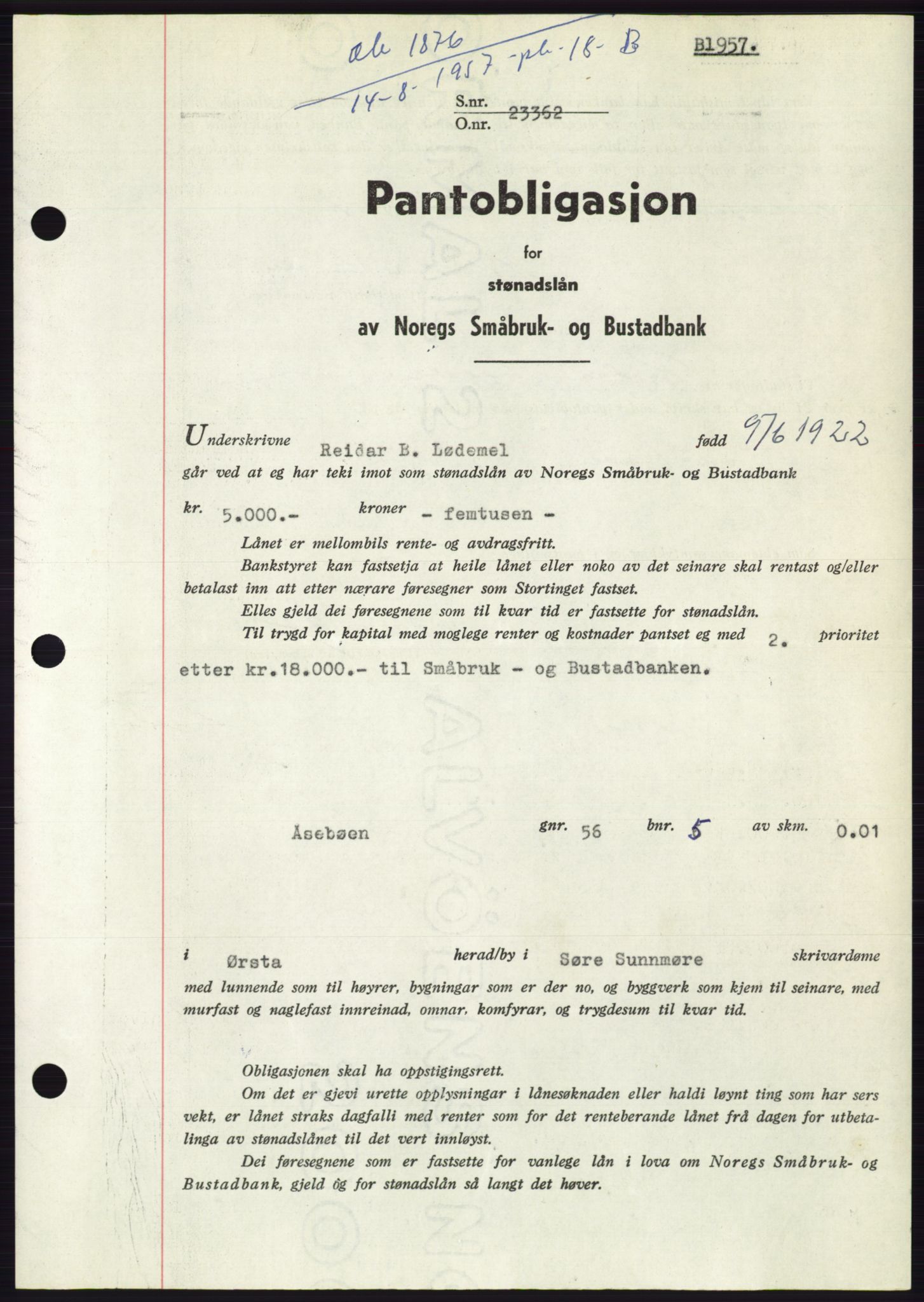 Søre Sunnmøre sorenskriveri, AV/SAT-A-4122/1/2/2C/L0130: Pantebok nr. 18B, 1957-1958, Dagboknr: 1876/1957