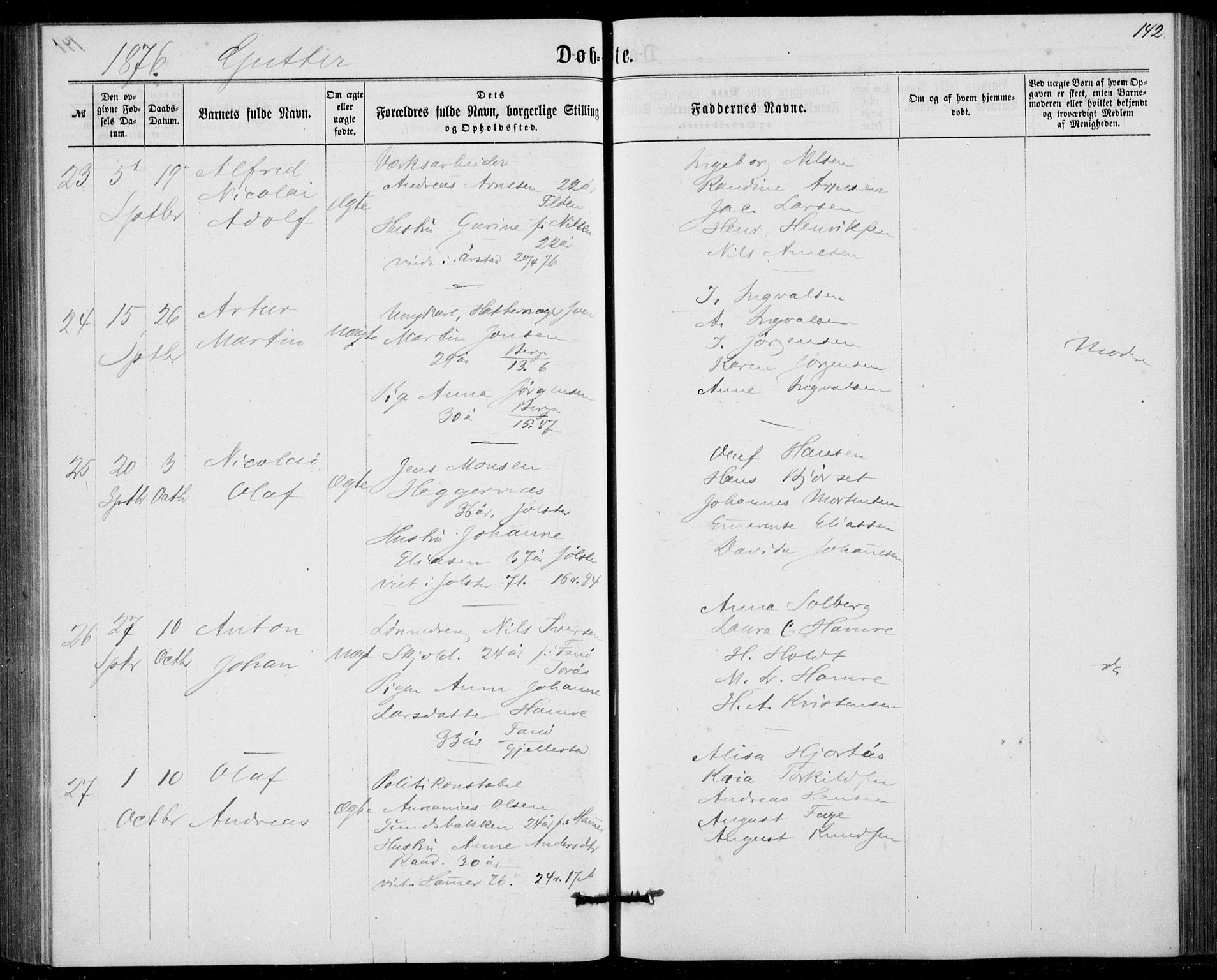 Fødselsstiftelsens sokneprestembete, ført av overlegen*, SAB/-: Ministerialbok nr. A 1, 1863-1883, s. 142