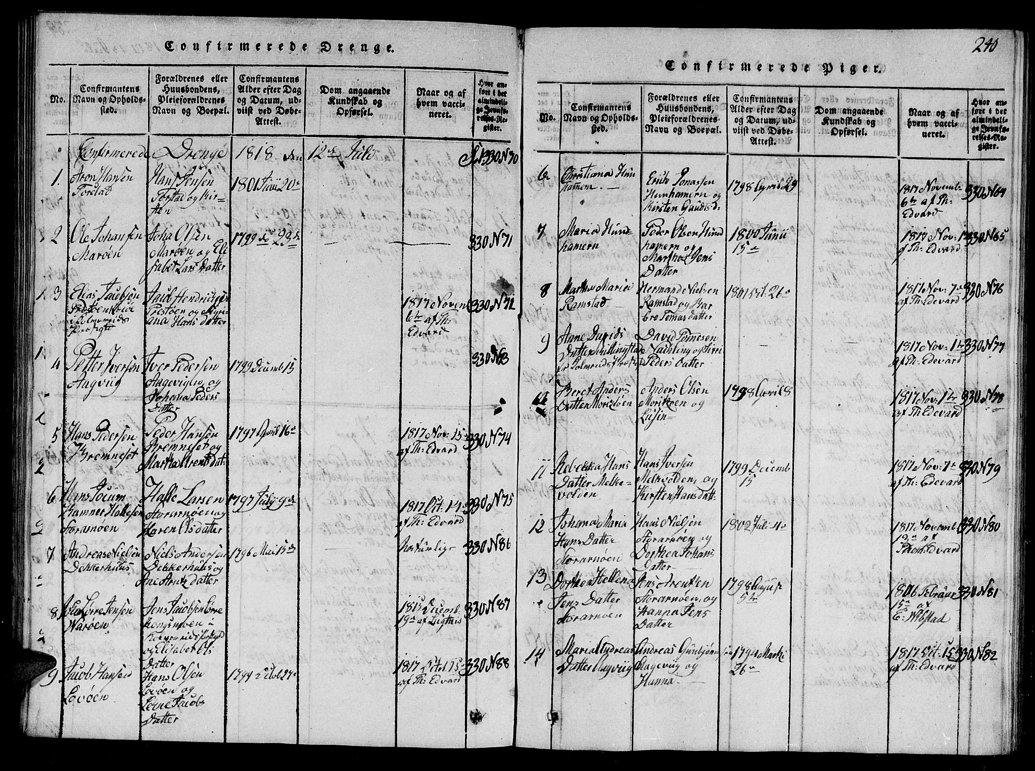 Ministerialprotokoller, klokkerbøker og fødselsregistre - Nord-Trøndelag, AV/SAT-A-1458/784/L0679: Klokkerbok nr. 784C01 /1, 1816-1822, s. 240