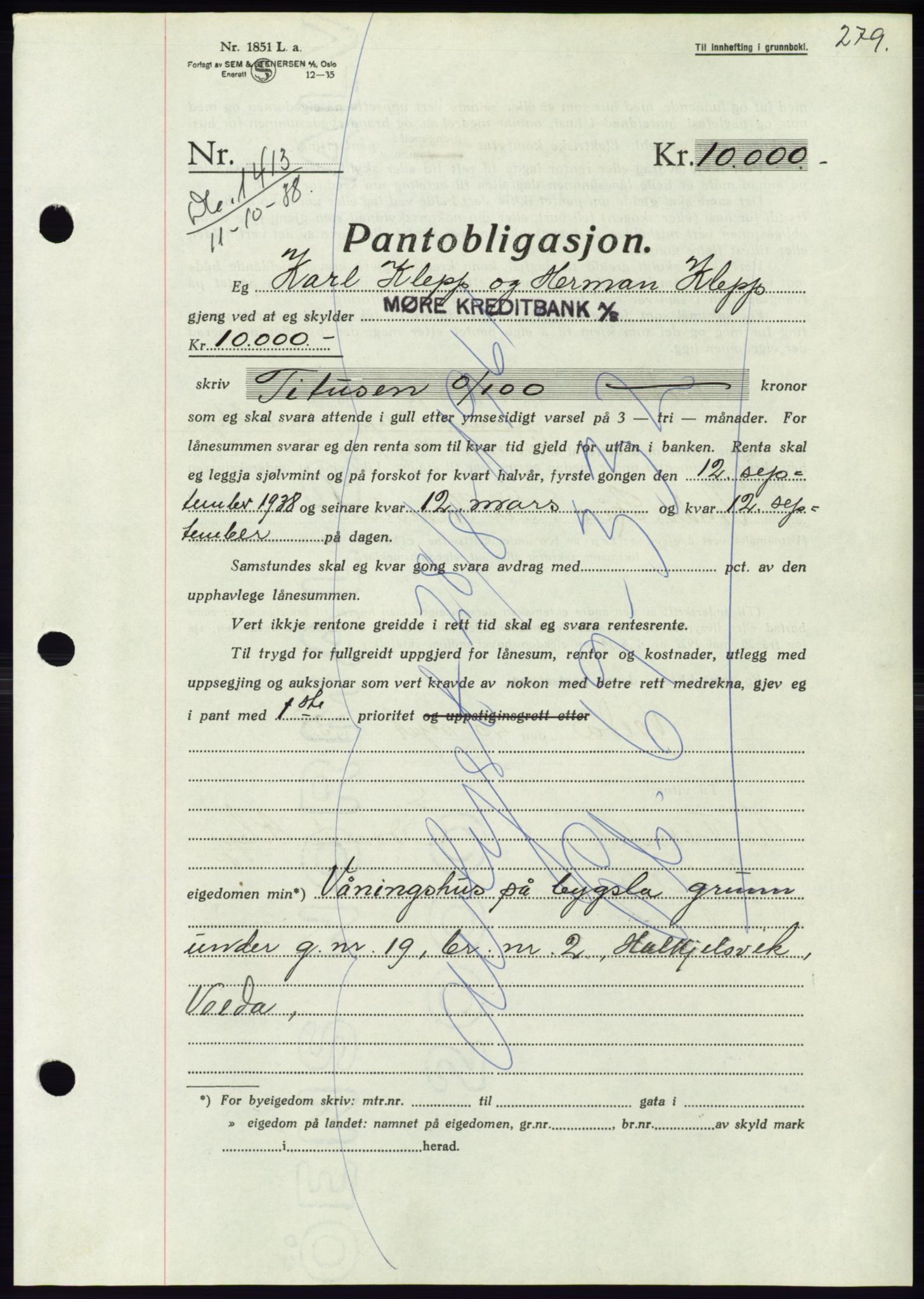 Søre Sunnmøre sorenskriveri, AV/SAT-A-4122/1/2/2C/L0066: Pantebok nr. 60, 1938-1938, Dagboknr: 1413/1938