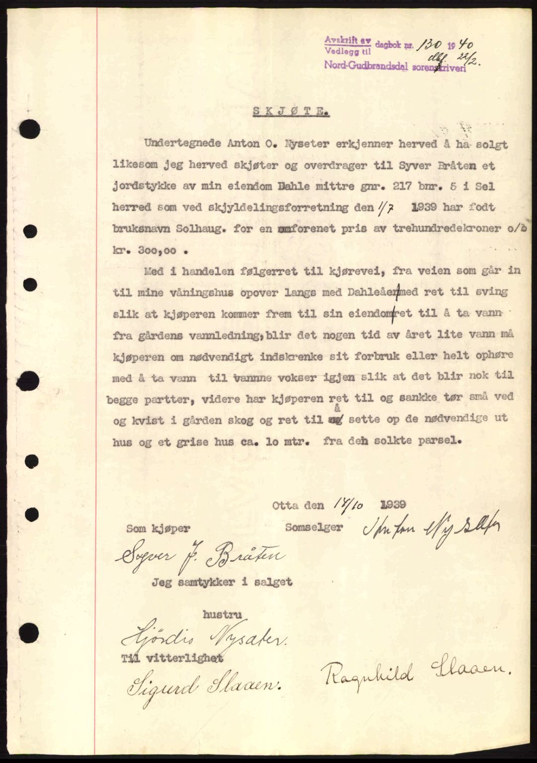 Nord-Gudbrandsdal tingrett, SAH/TING-002/H/Hb/Hbb/L0005: Pantebok nr. FA5, 1939-1940, Dagboknr: 130/1940