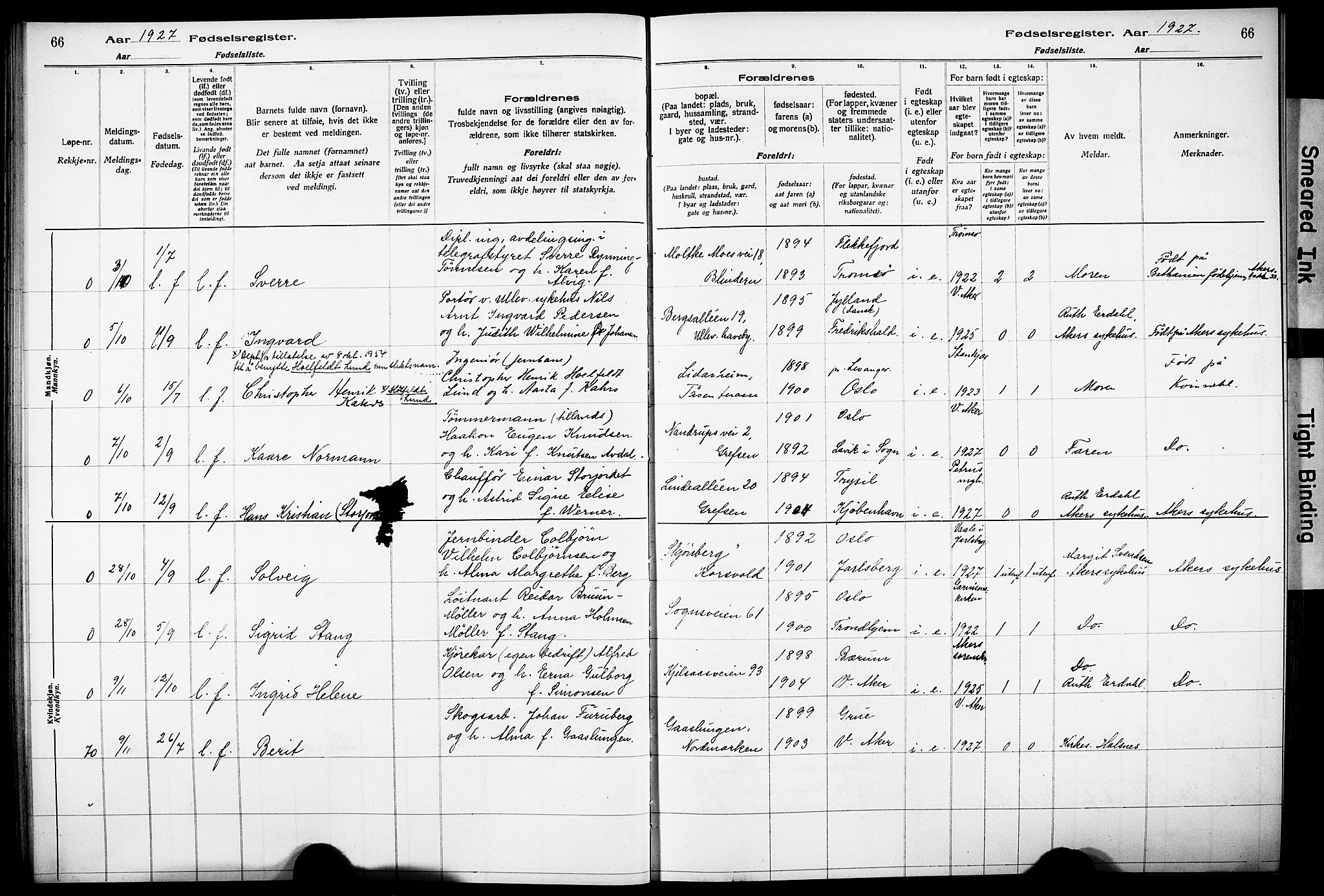 Vestre Aker prestekontor Kirkebøker, AV/SAO-A-10025/J/Ja/L0003: Fødselsregister nr. 3, 1926-1930, s. 66