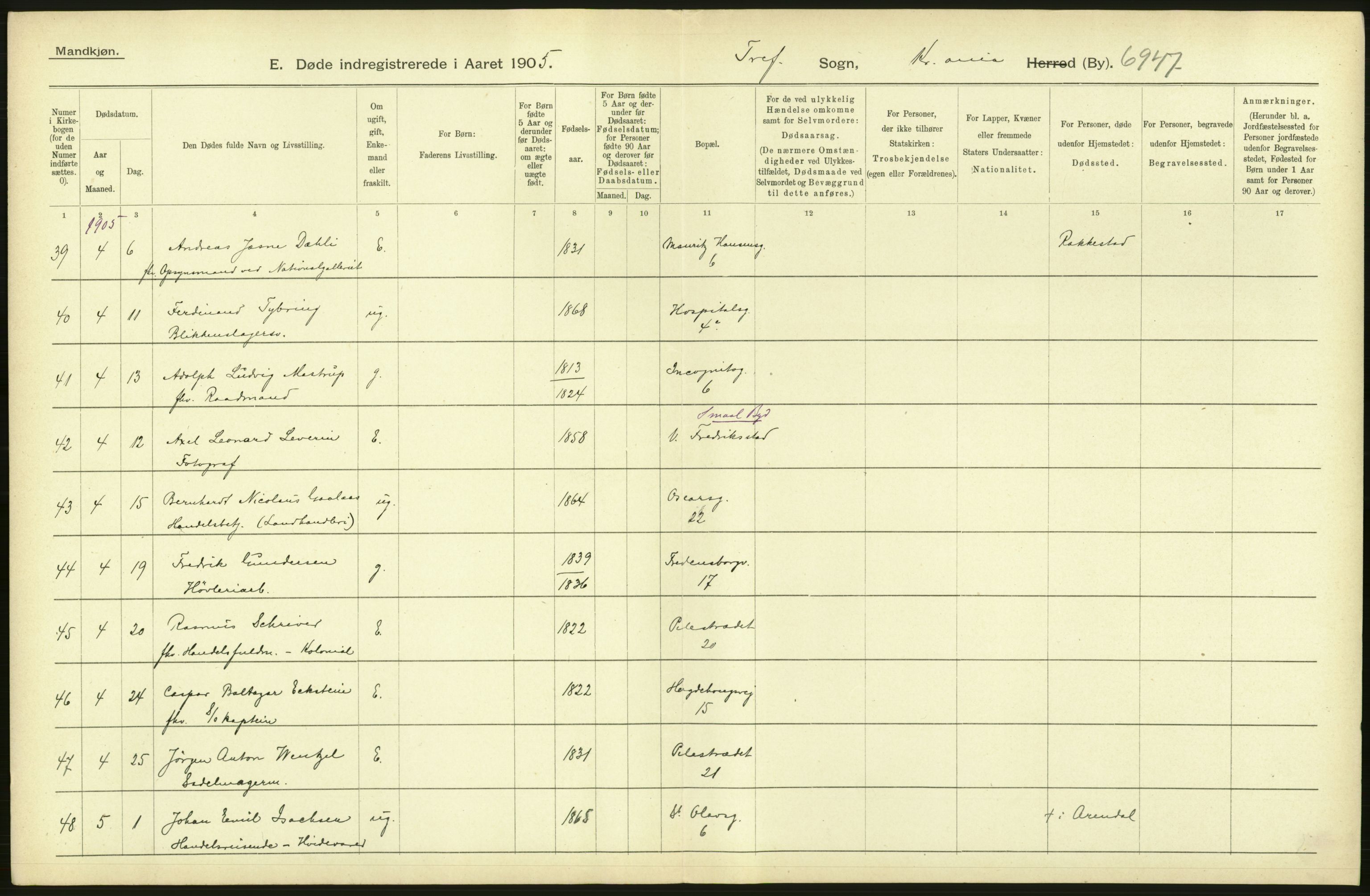 Statistisk sentralbyrå, Sosiodemografiske emner, Befolkning, AV/RA-S-2228/D/Df/Dfa/Dfac/L0007a: Kristiania: Døde, dødfødte., 1905, s. 514