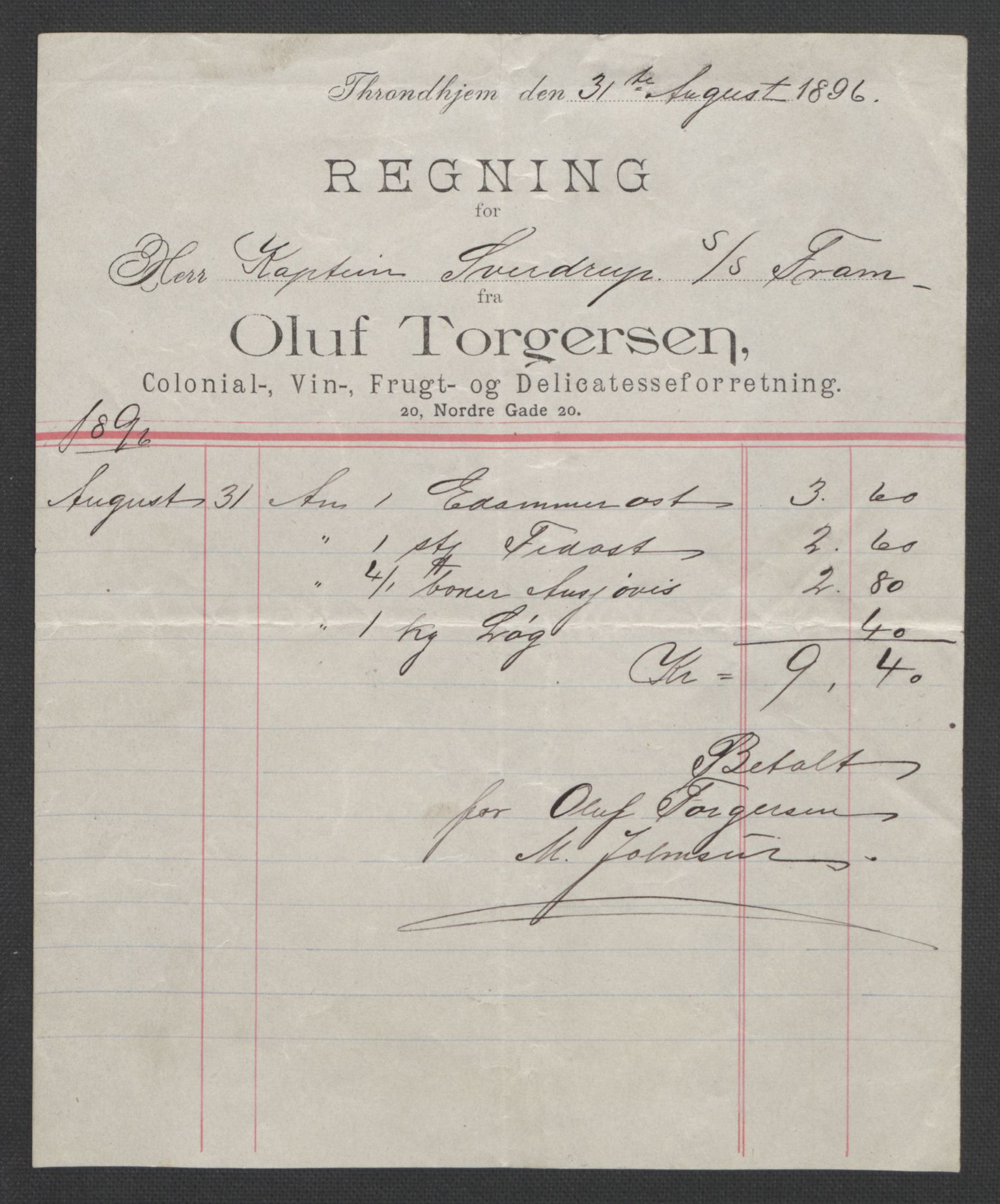 Arbeidskomitéen for Fridtjof Nansens polarekspedisjon, AV/RA-PA-0061/R/L0007/0002: Regnskap / Regnskap m/bilag. Frams tilbakekomst, 1896