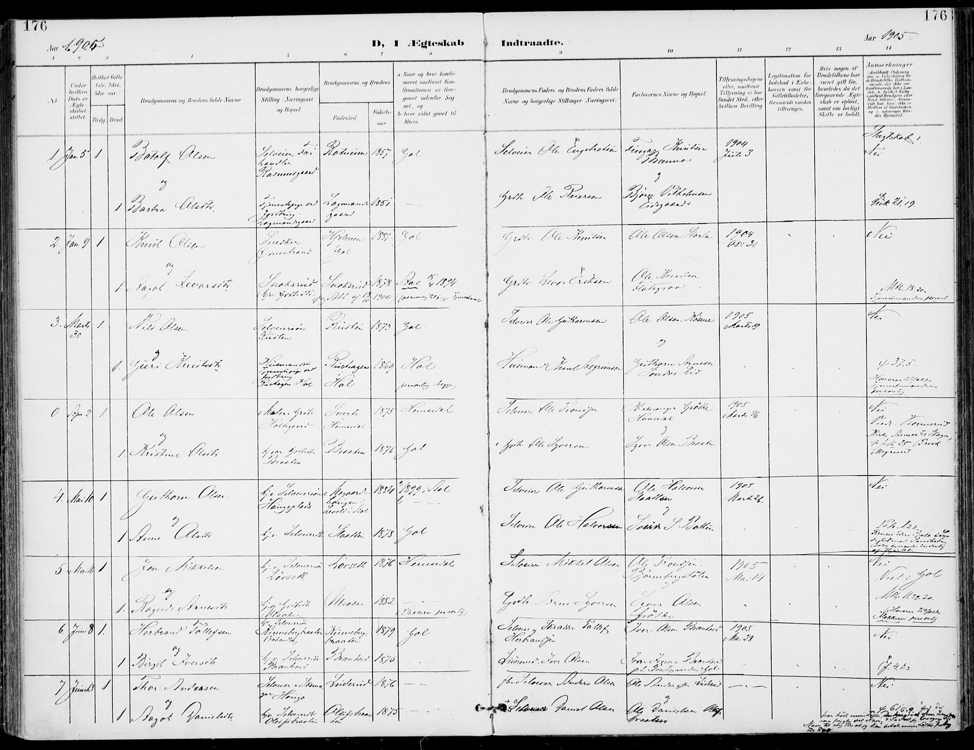 Gol kirkebøker, AV/SAKO-A-226/F/Fa/L0006: Ministerialbok nr. I 6, 1901-1918, s. 176