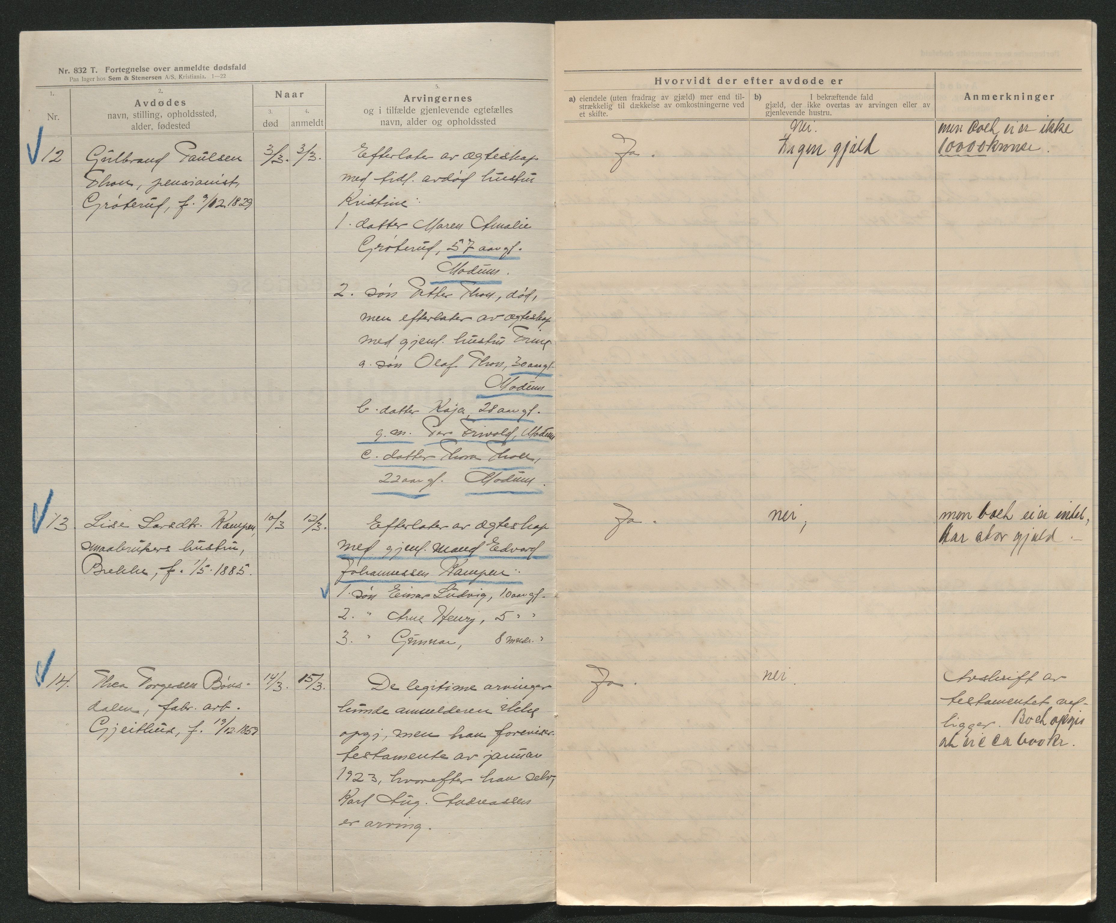 Eiker, Modum og Sigdal sorenskriveri, AV/SAKO-A-123/H/Ha/Hab/L0041: Dødsfallsmeldinger, 1922-1923, s. 616