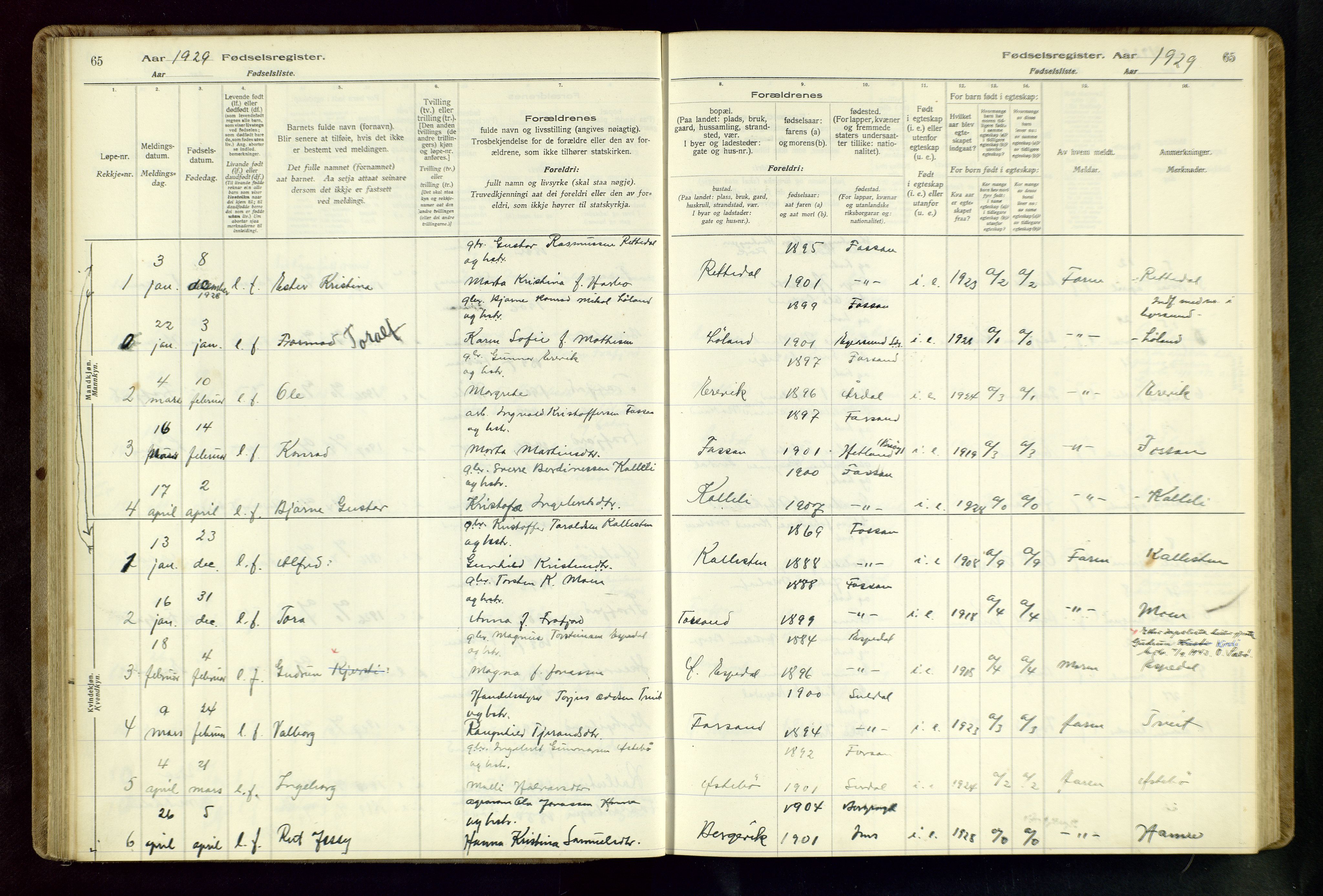 Høgsfjord sokneprestkontor, SAST/A-101624/I/Id/L0002: Fødselsregister nr. 2, 1916-1959, s. 65