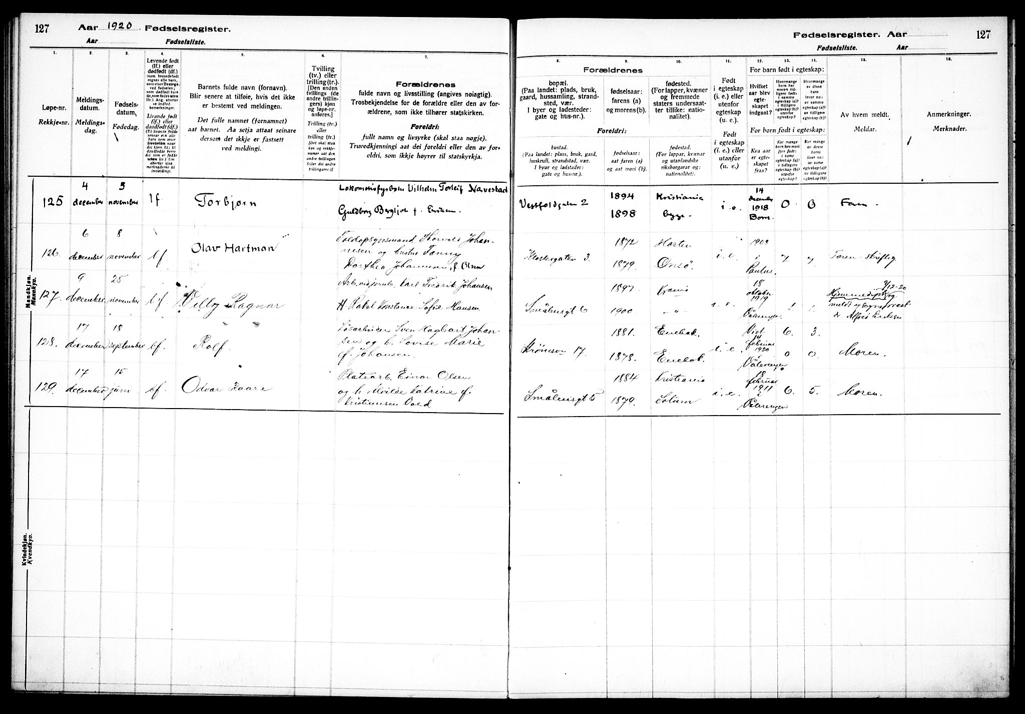 Vålerengen prestekontor Kirkebøker, AV/SAO-A-10878/J/Ja/L0001: Fødselsregister nr. 1, 1916-1924, s. 127