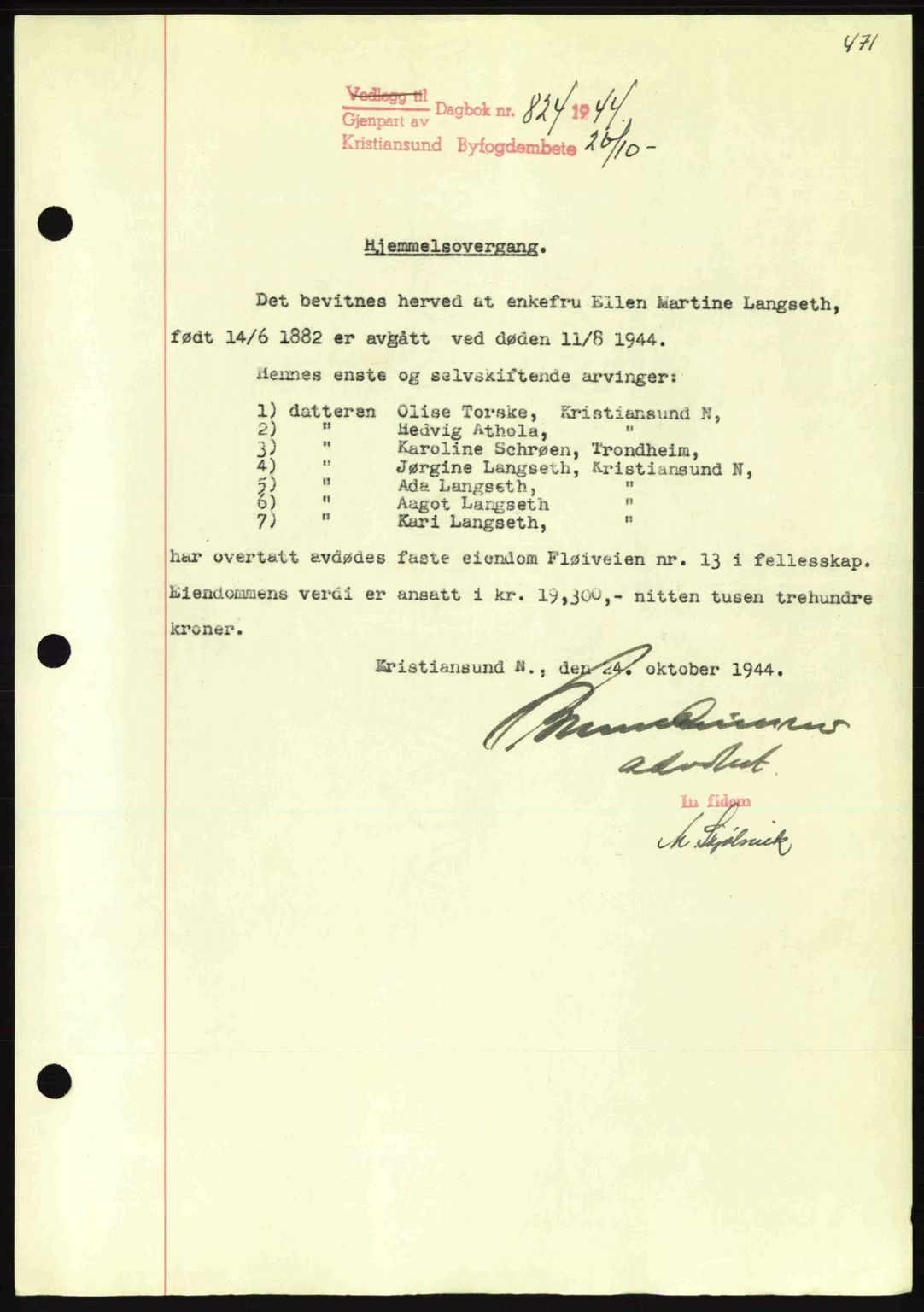 Kristiansund byfogd, AV/SAT-A-4587/A/27: Pantebok nr. 34, 1941-1945, Dagboknr: 824/1944