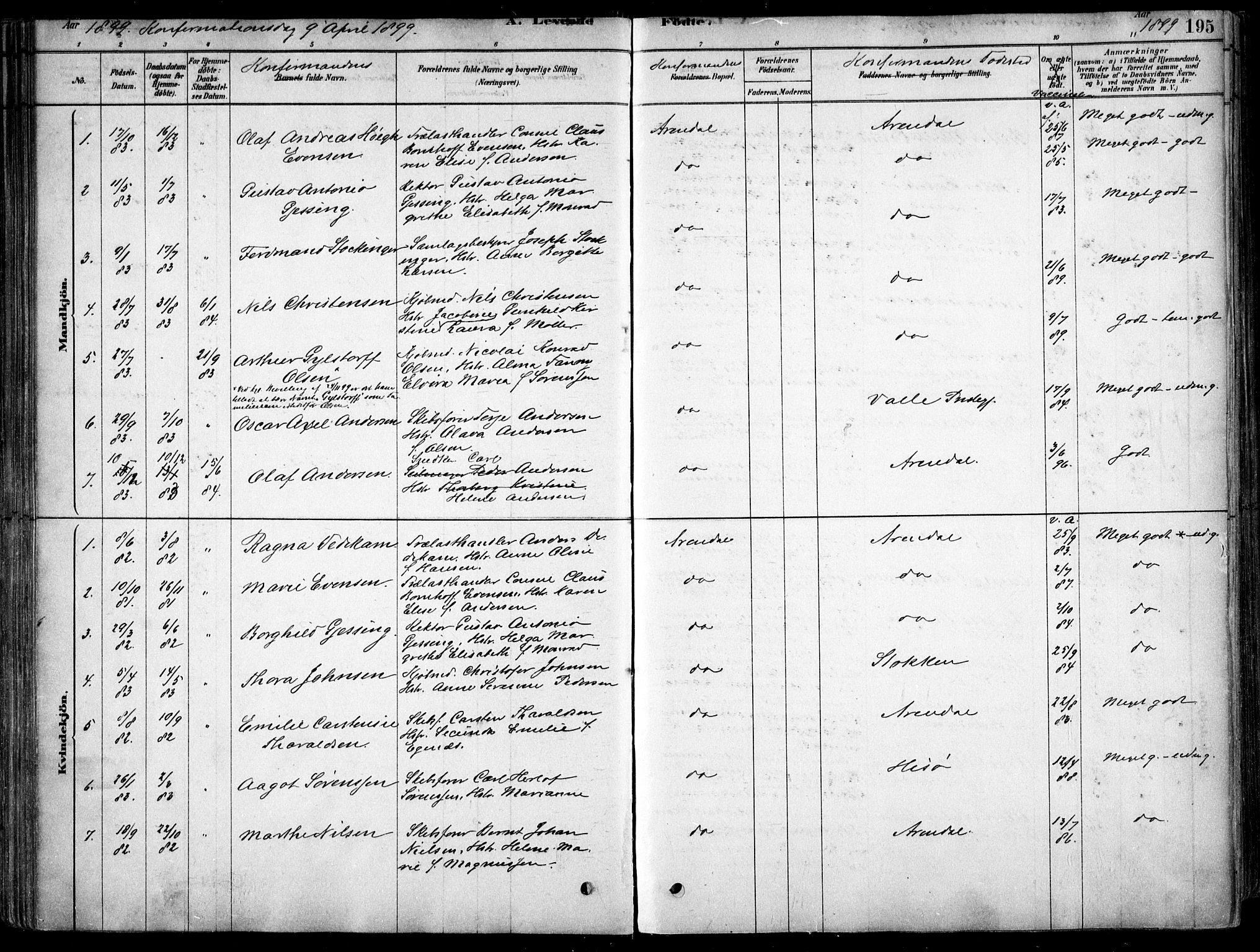 Arendal sokneprestkontor, Trefoldighet, AV/SAK-1111-0040/F/Fa/L0008: Ministerialbok nr. A 8, 1878-1899, s. 195