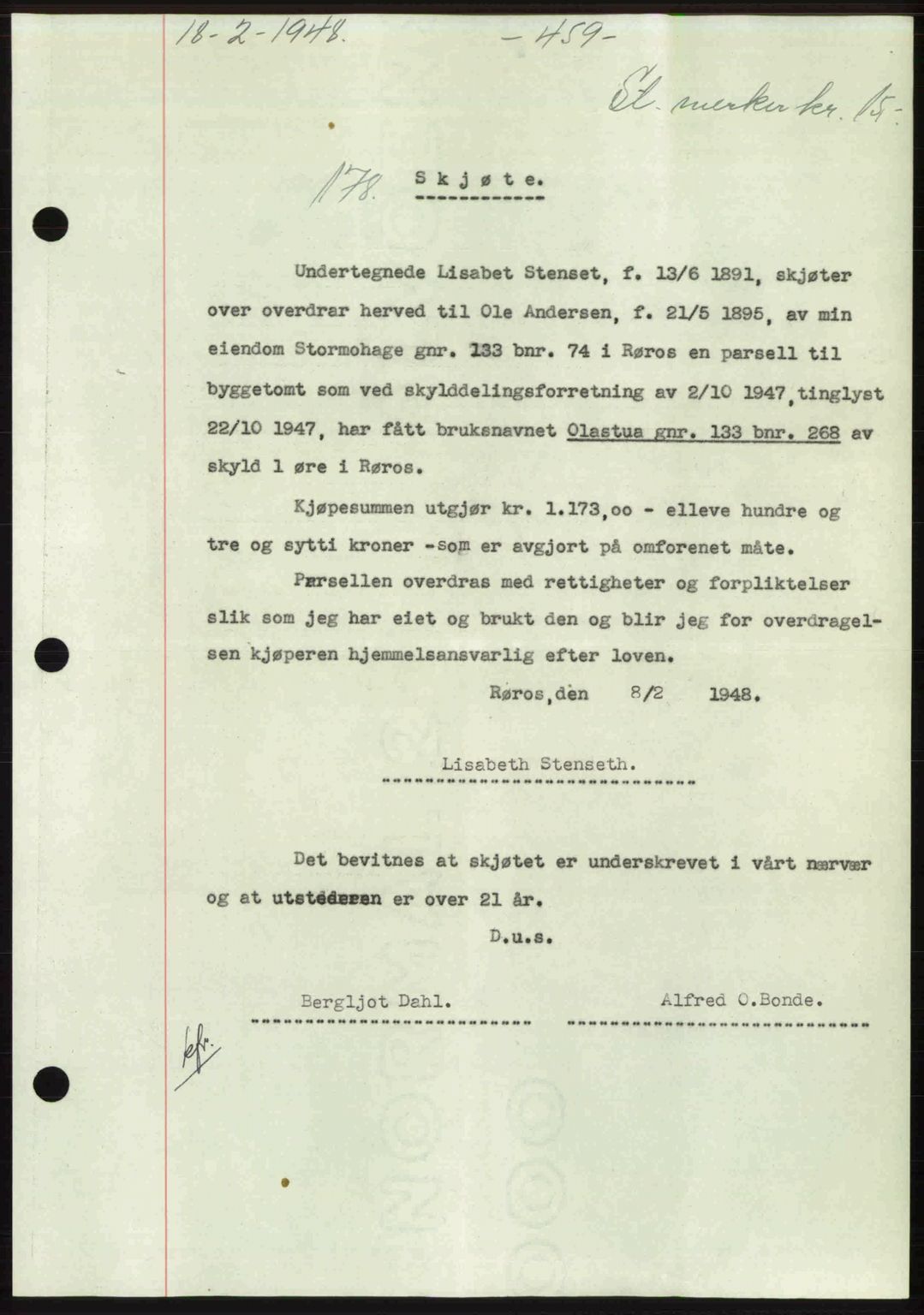 Gauldal sorenskriveri, SAT/A-0014/1/2/2C: Pantebok nr. A5, 1947-1948, Dagboknr: 178/1948