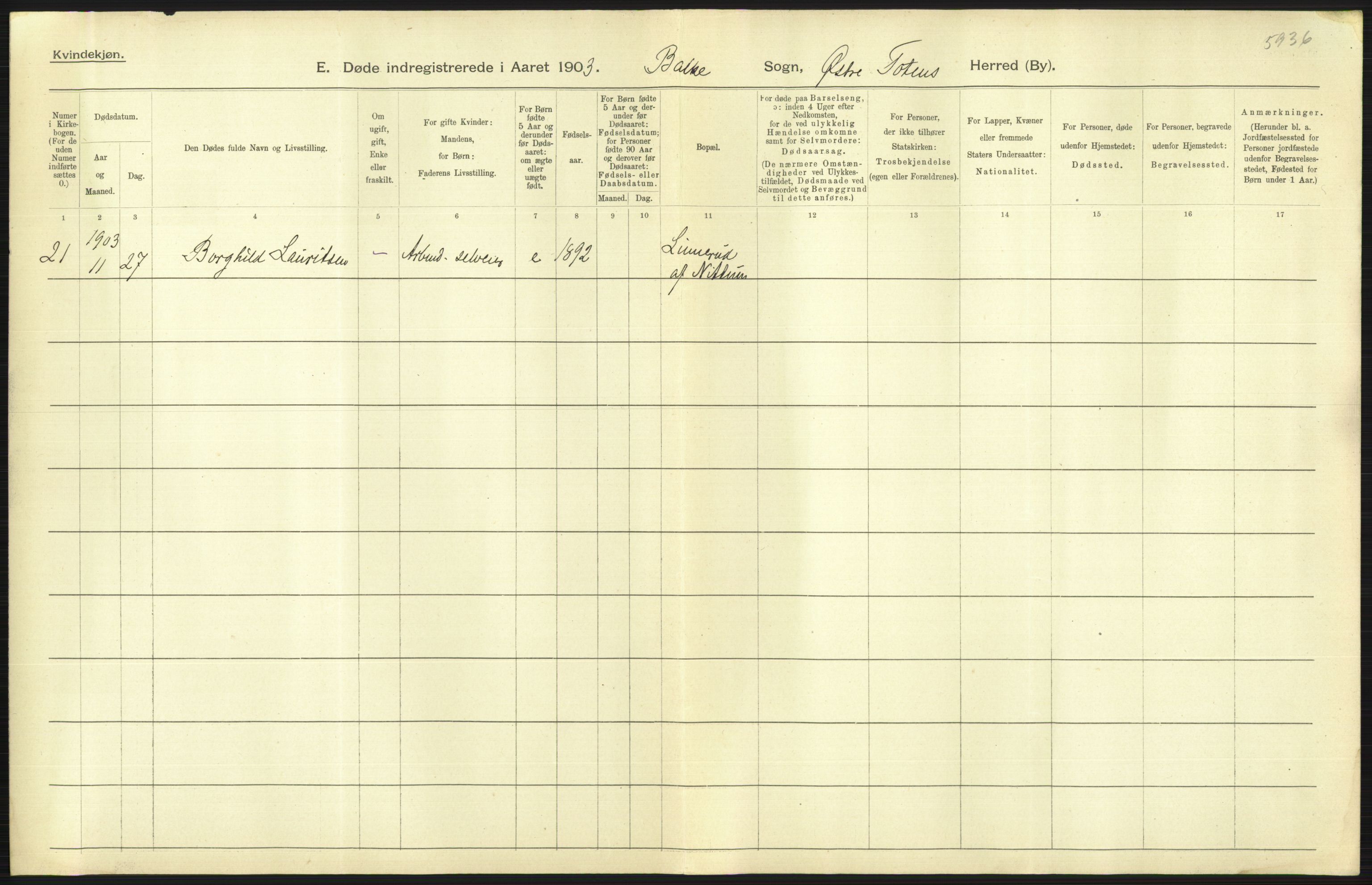 Statistisk sentralbyrå, Sosiodemografiske emner, Befolkning, AV/RA-S-2228/D/Df/Dfa/Dfaa/L0006: Kristians amt: Fødte, gifte, døde, 1903, s. 569