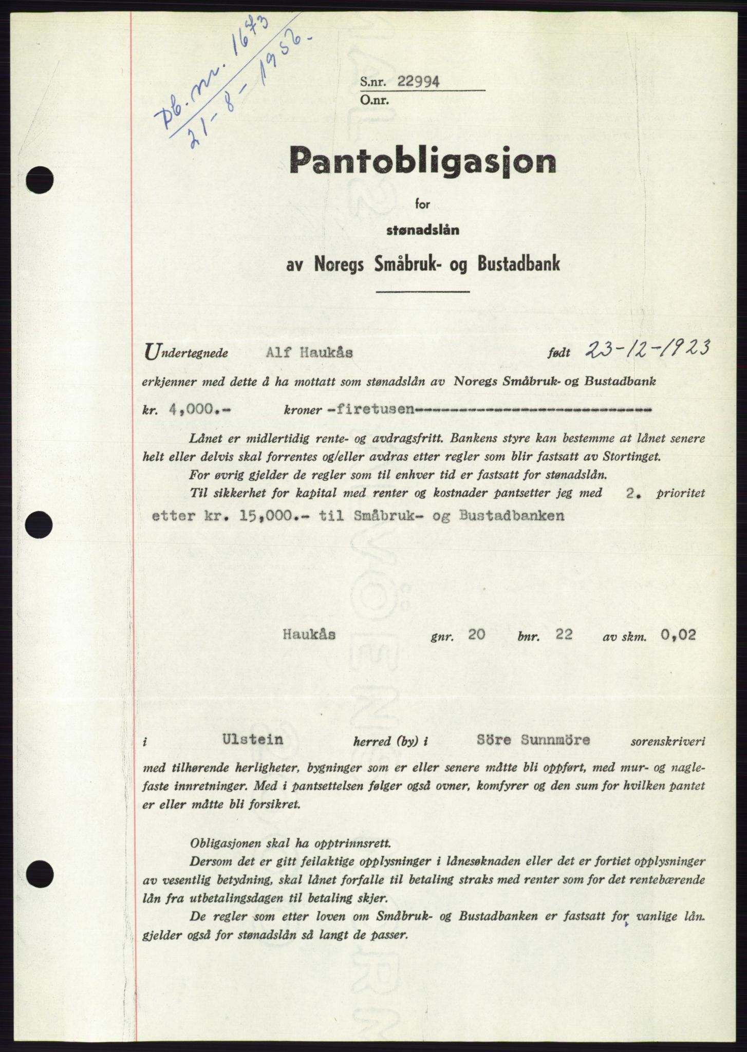 Søre Sunnmøre sorenskriveri, SAT/A-4122/1/2/2C/L0128: Pantebok nr. 16B, 1956-1956, Dagboknr: 1673/1956