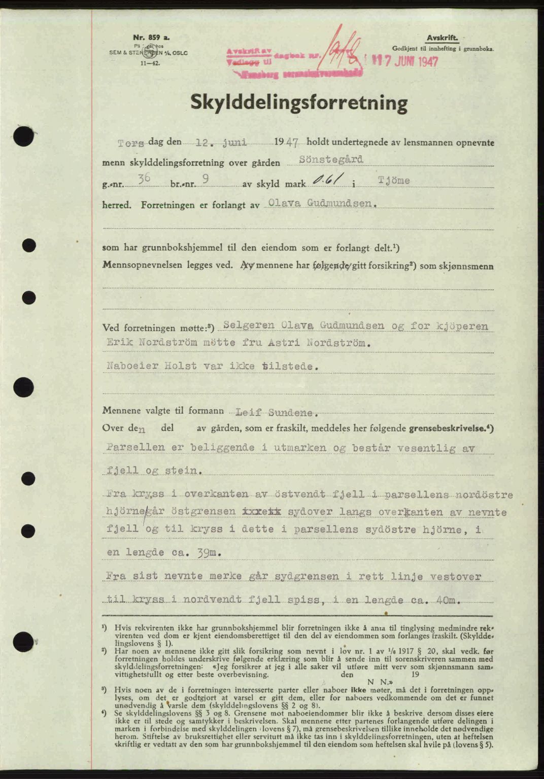 Tønsberg sorenskriveri, SAKO/A-130/G/Ga/Gaa/L0022: Pantebok nr. A22, 1947-1947, Dagboknr: 1918/1947