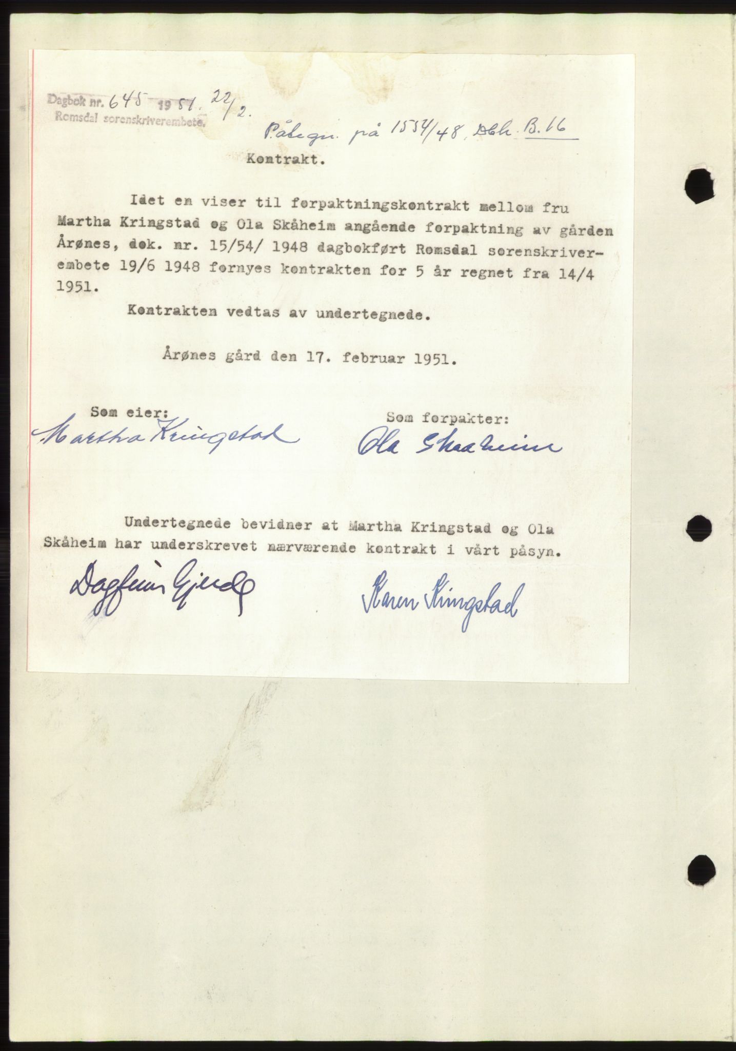 Romsdal sorenskriveri, SAT/A-4149/1/2/2C: Pantebok nr. B4, 1948-1949, Dagboknr: 645/1951