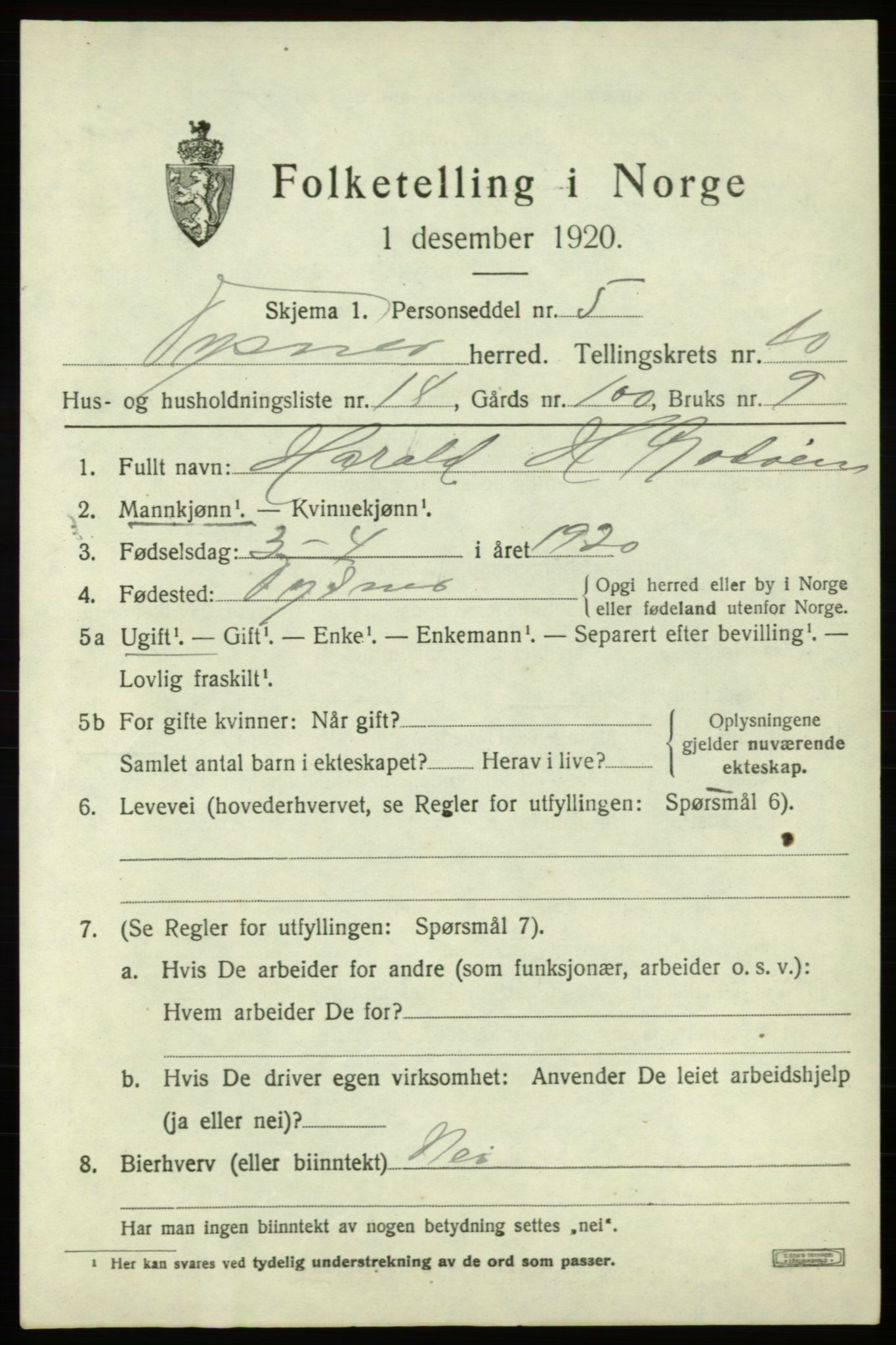 SAB, Folketelling 1920 for 1223 Tysnes herred, 1920, s. 7392
