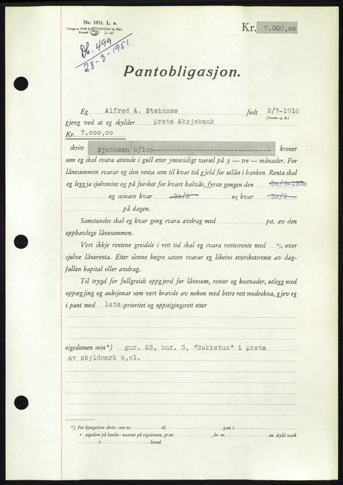 Søre Sunnmøre sorenskriveri, AV/SAT-A-4122/1/2/2C/L0119: Pantebok nr. 7B, 1950-1951, Dagboknr: 499/1951