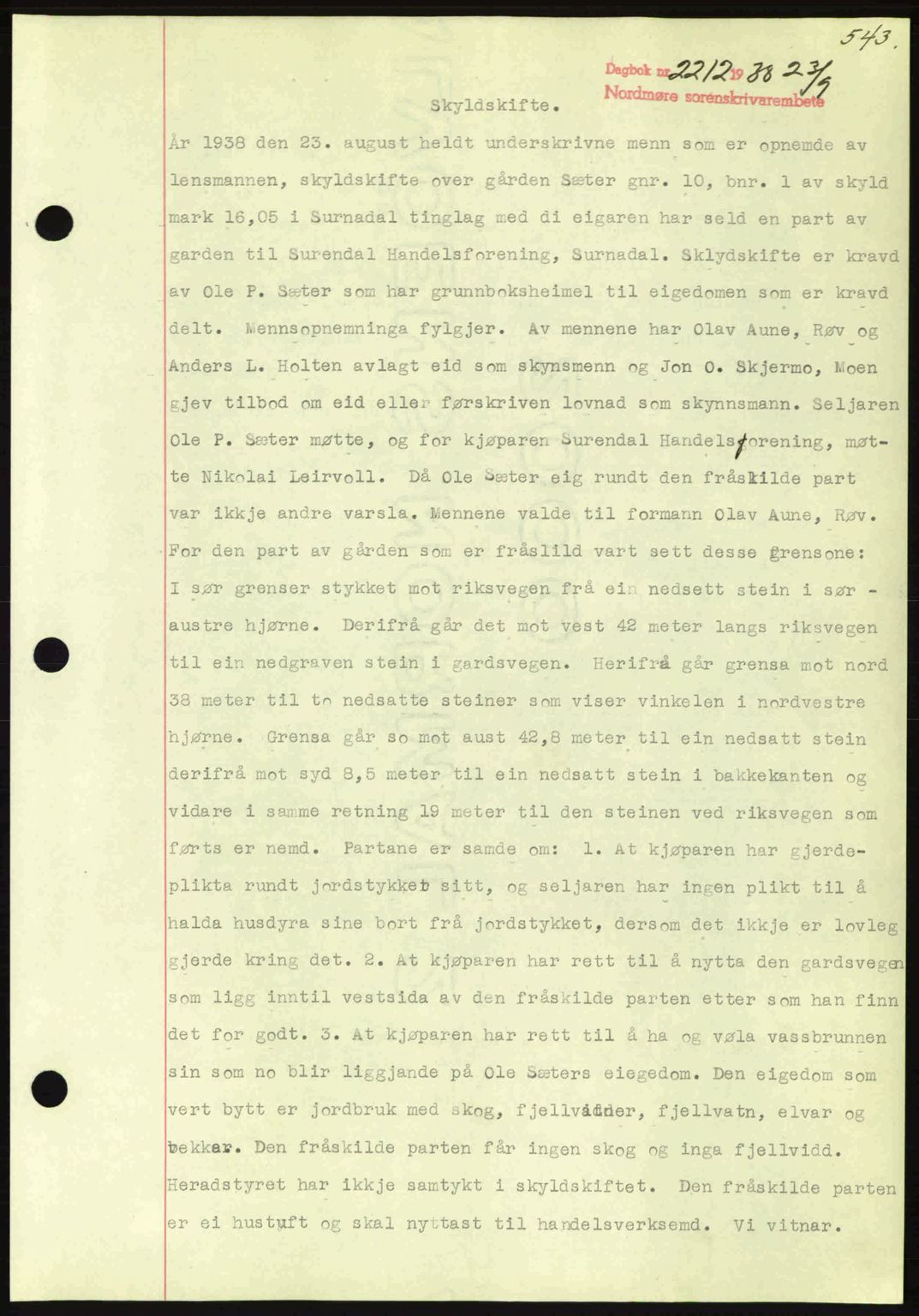 Nordmøre sorenskriveri, SAT/A-4132/1/2/2Ca: Pantebok nr. A84, 1938-1938, Dagboknr: 2212/1938