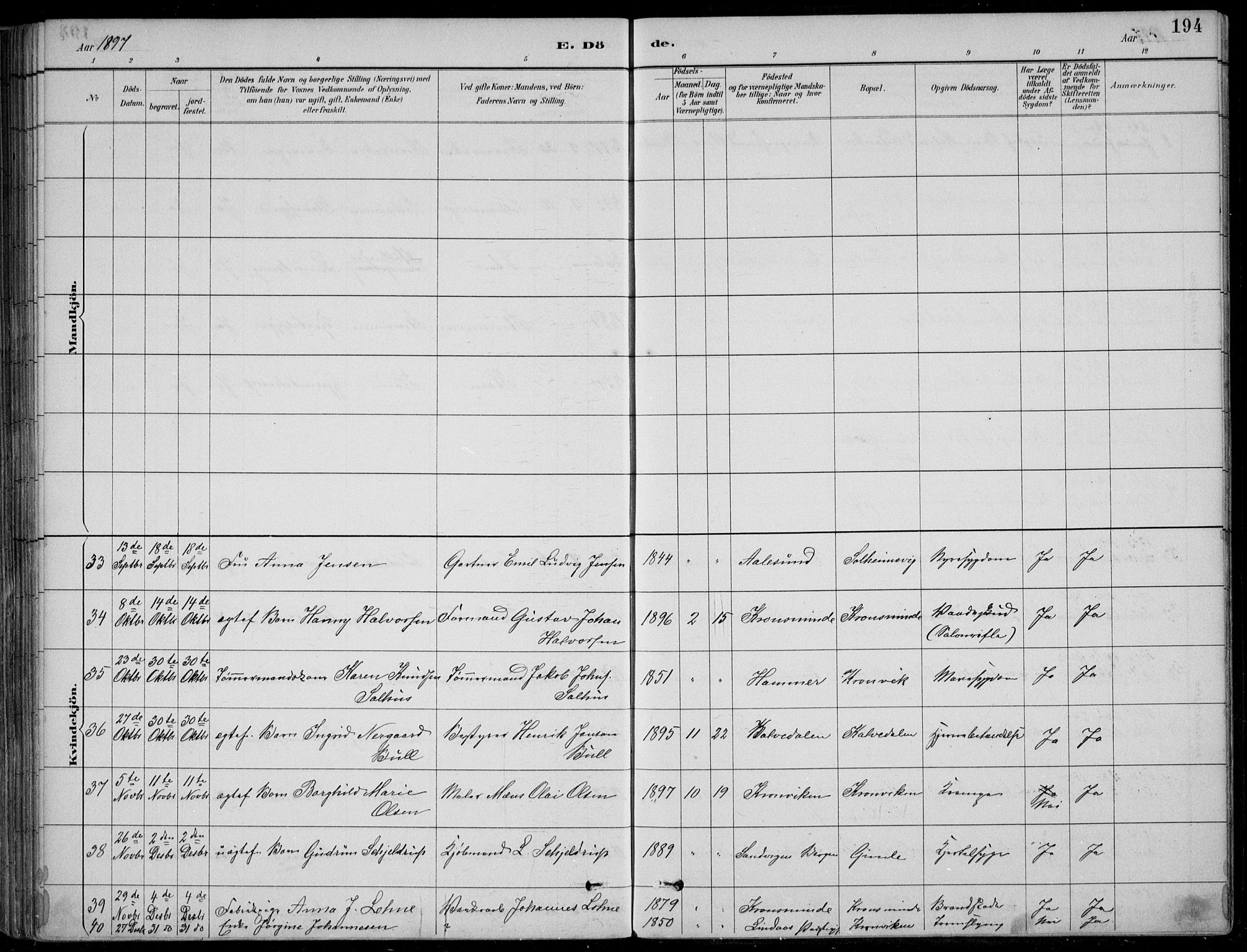 Årstad Sokneprestembete, AV/SAB-A-79301/H/Hab/L0011: Klokkerbok nr. B 1, 1886-1901, s. 194