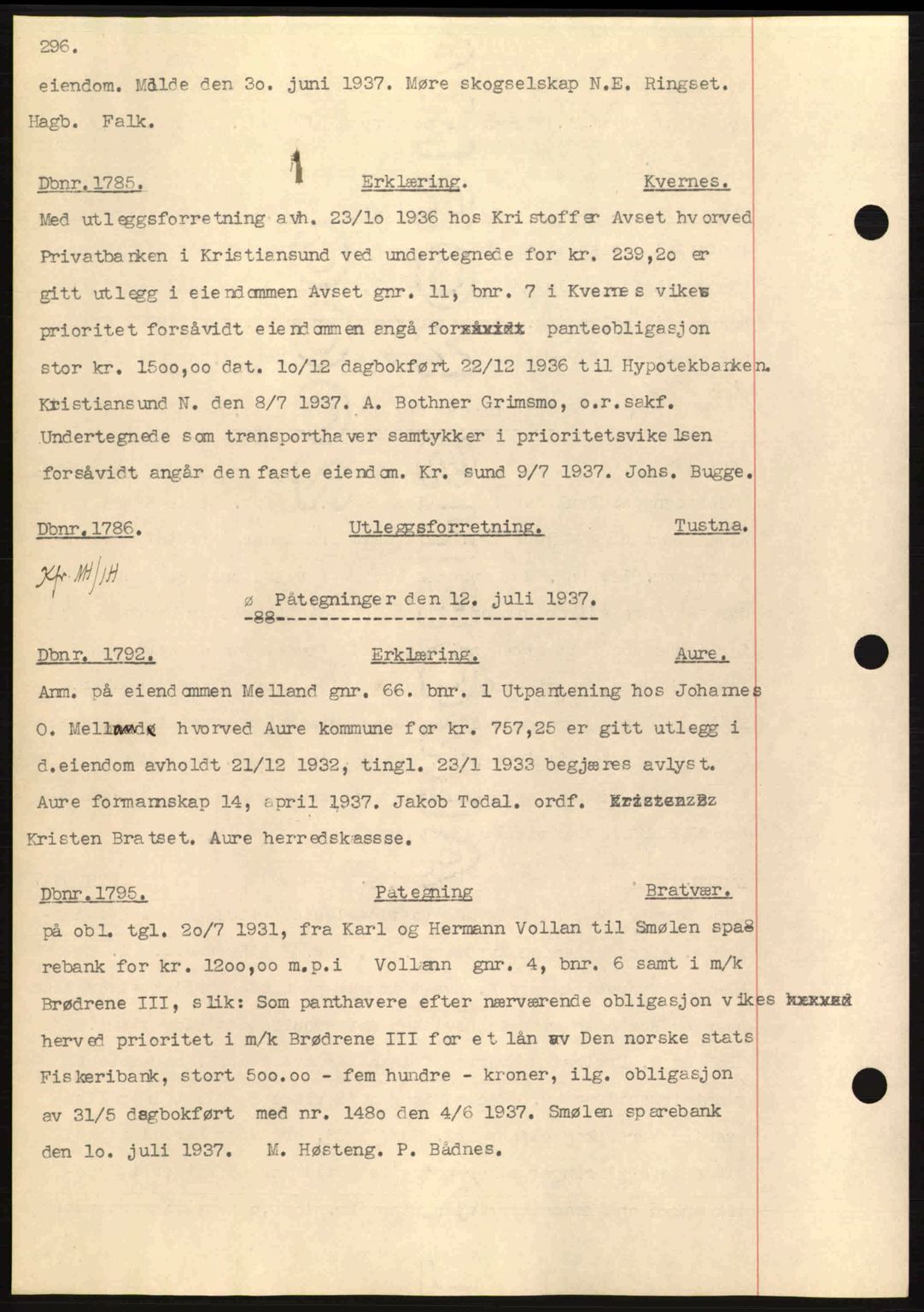 Nordmøre sorenskriveri, SAT/A-4132/1/2/2Ca: Pantebok nr. C80, 1936-1939, Dagboknr: 1785/1937