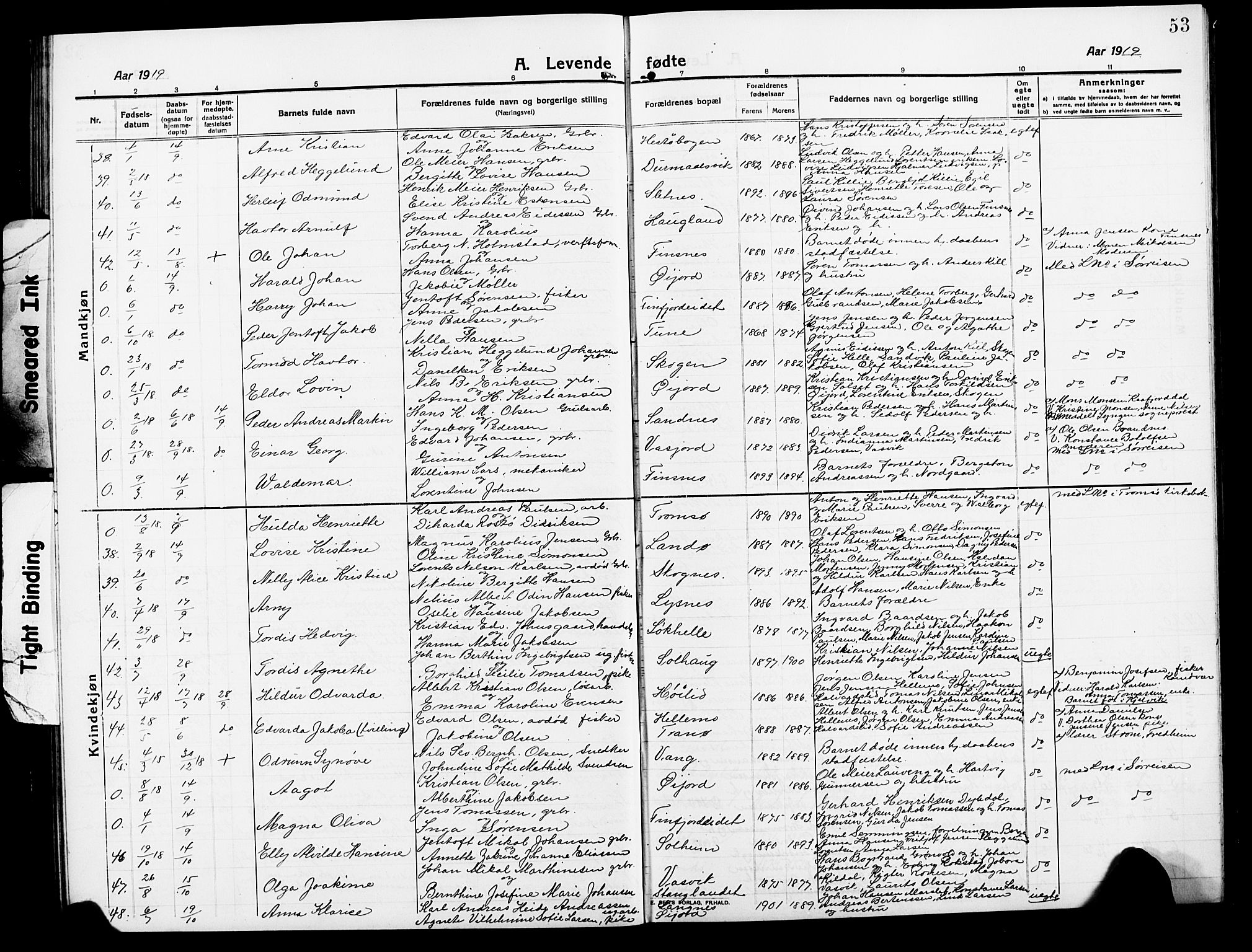 Lenvik sokneprestembete, AV/SATØ-S-1310/H/Ha/Hab/L0009klokker: Klokkerbok nr. 9, 1912-1926, s. 53