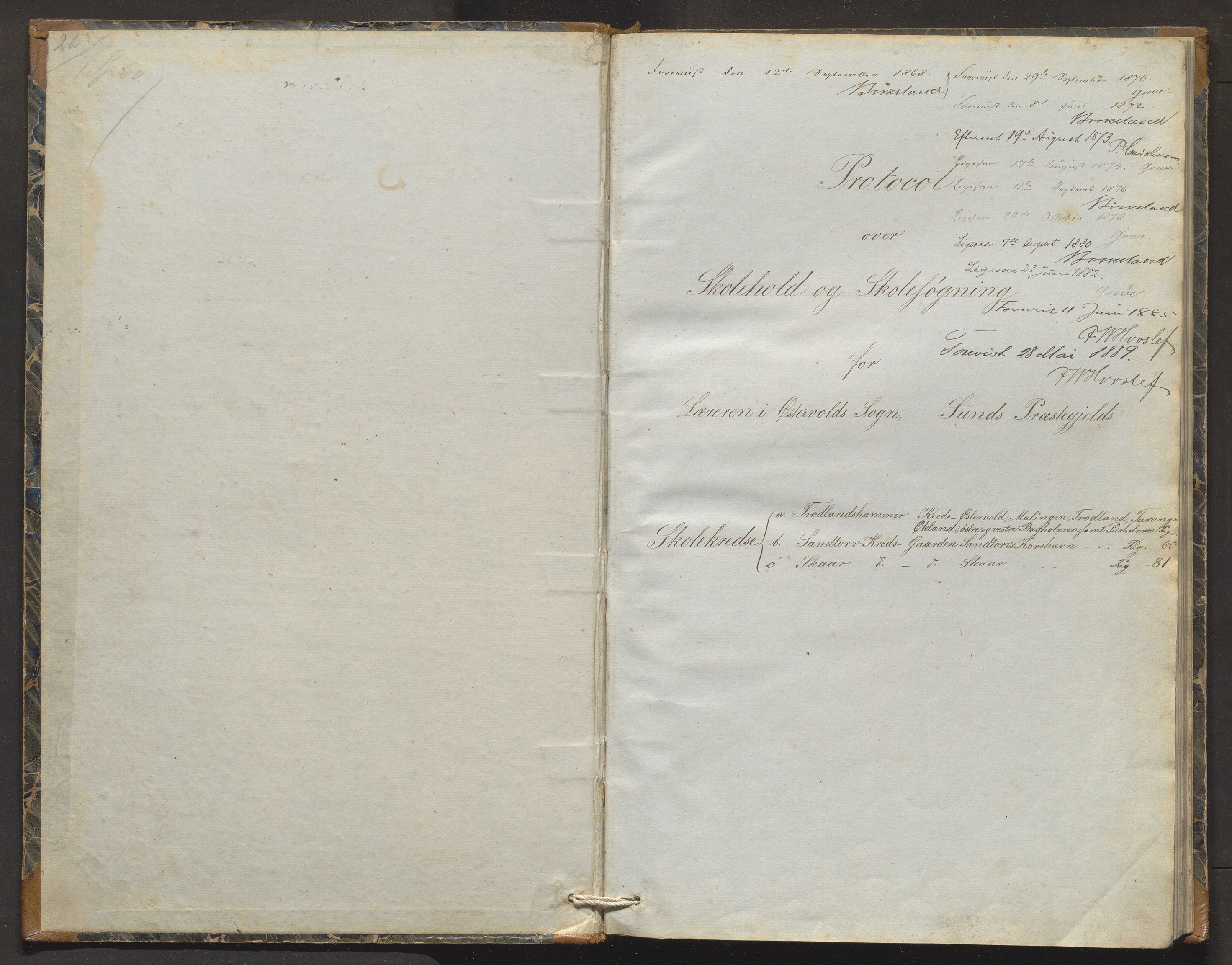 Austevoll kommune. Barneskulane, IKAH/1244-231/F/Fa/L0026: Skuleprotokoll for Trolandshamar, Sandtorv og Skår krinsar i Østervold sokn, 1867-1887