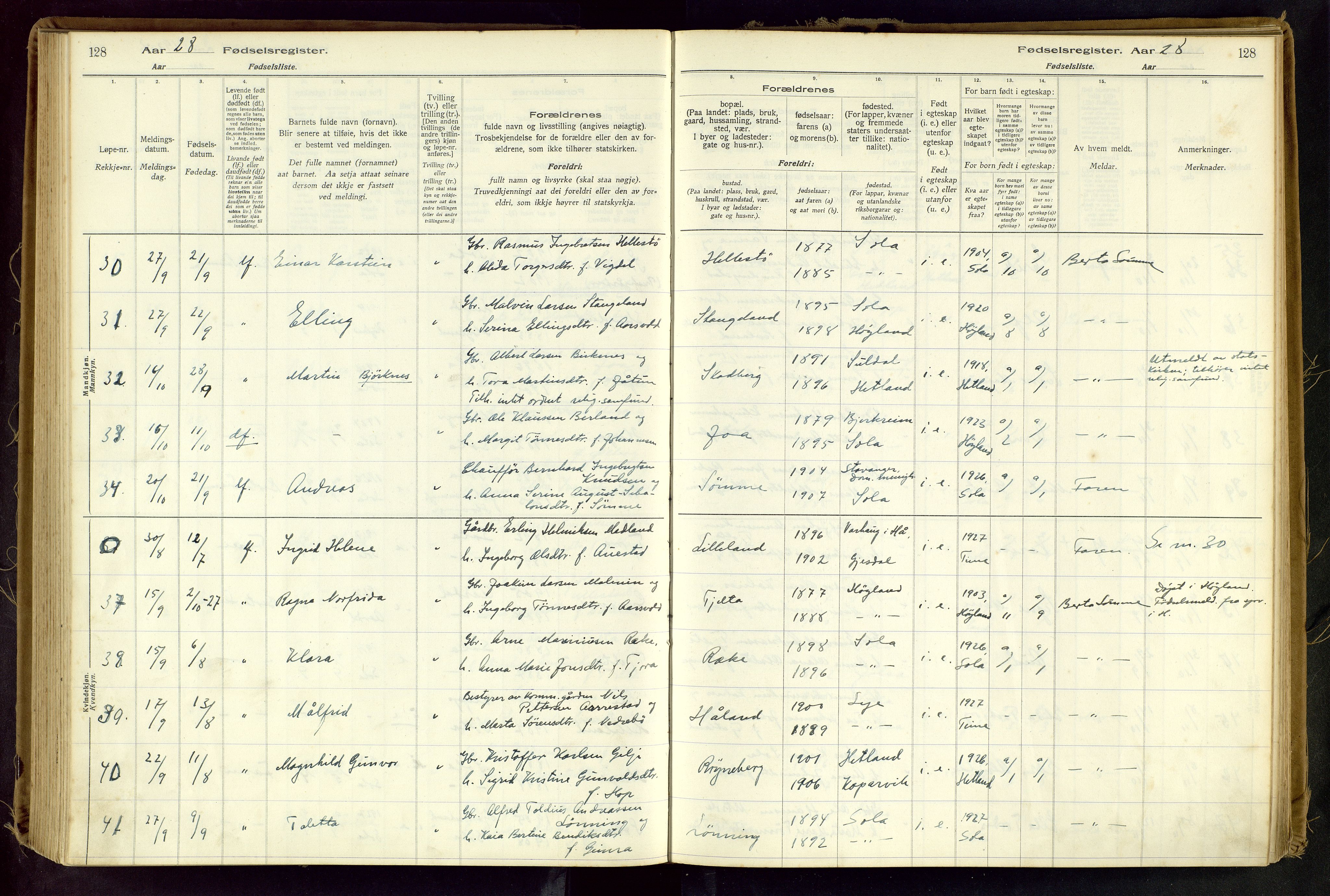 Håland sokneprestkontor, AV/SAST-A-101802/001/704BA/L0001: Fødselsregister nr. 1, 1916-1936, s. 128